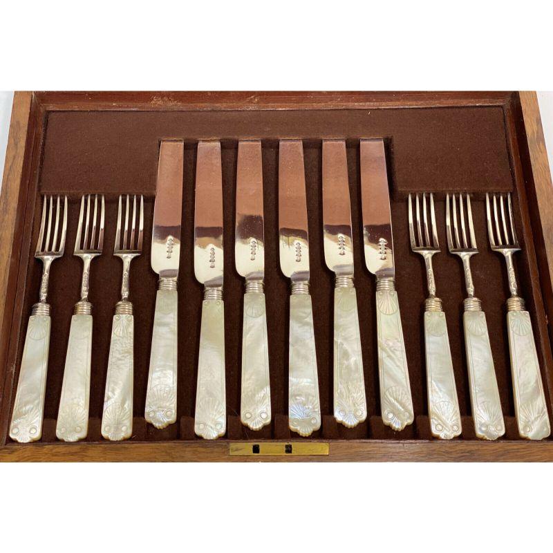 19th Century Aaron Hadfield Sterling Silver Mother of Pearl Fish Flatware for 12, 1828 For Sale