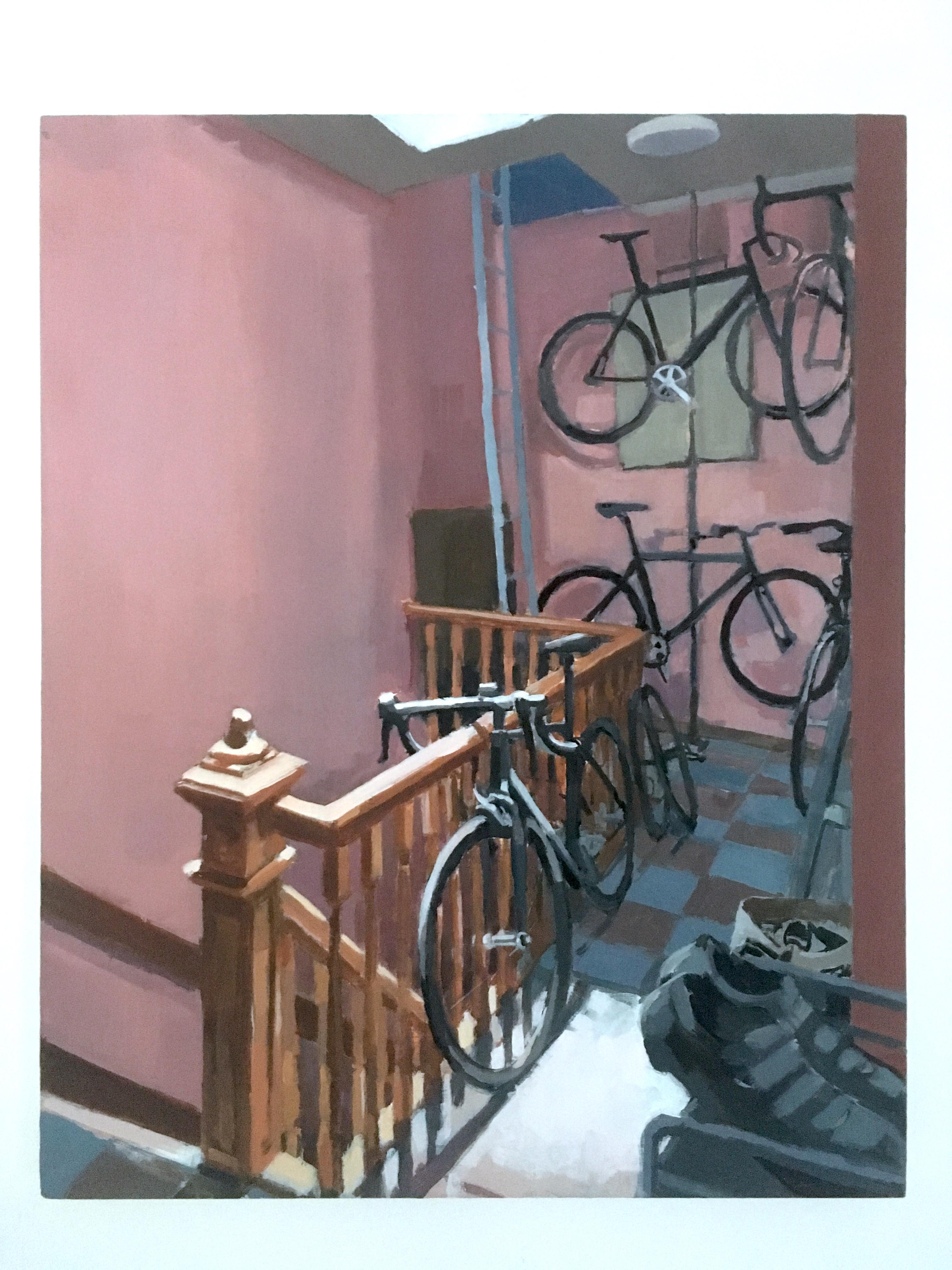 Peinture à l'huile sur panneau de bois « entrées vélos », entrées intérieures figuratives sur bicyclettes - Painting de Aaron Hauck