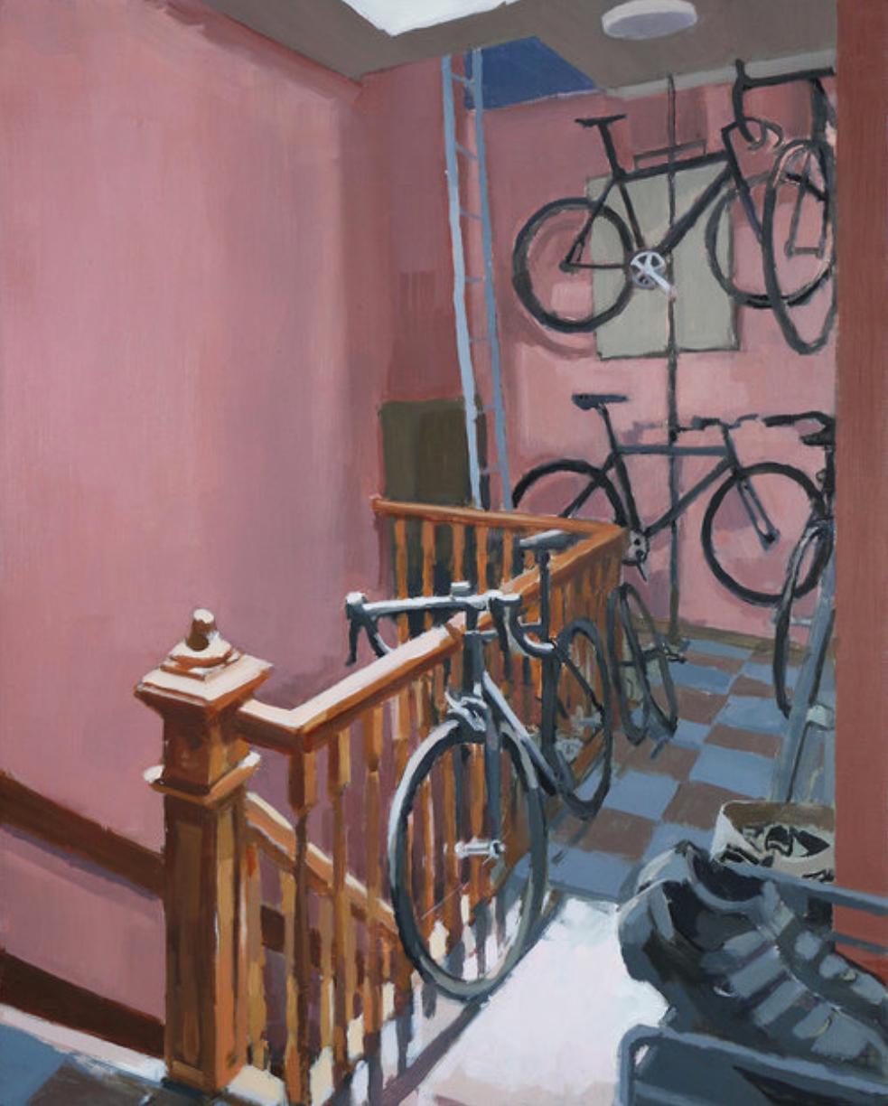 Peinture à l'huile sur panneau de bois « entrées vélos », entrées intérieures figuratives sur bicyclettes - Contemporain Painting par Aaron Hauck