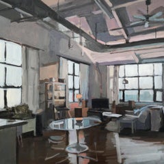 „Evening Living Room“, Ölgemälde auf Holzplatte, Wohnzimmerszene, leicht luftig