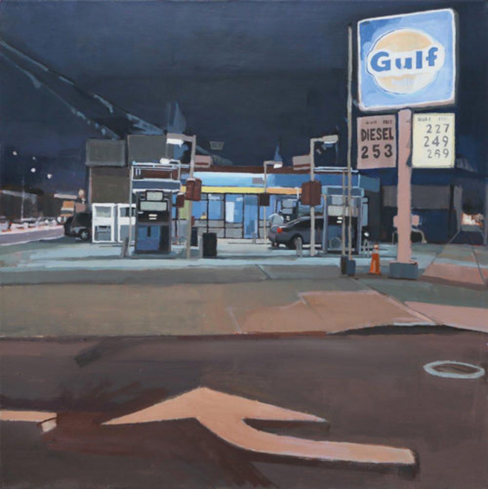 „Gas Station with Directions“, Ölgemälde auf Leinwand, figurative Stadtlandschaft, Nachtstraße