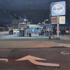 "Gas Station with Directions" Huile sur toile - Paysage urbain figuratif - Rue du soir