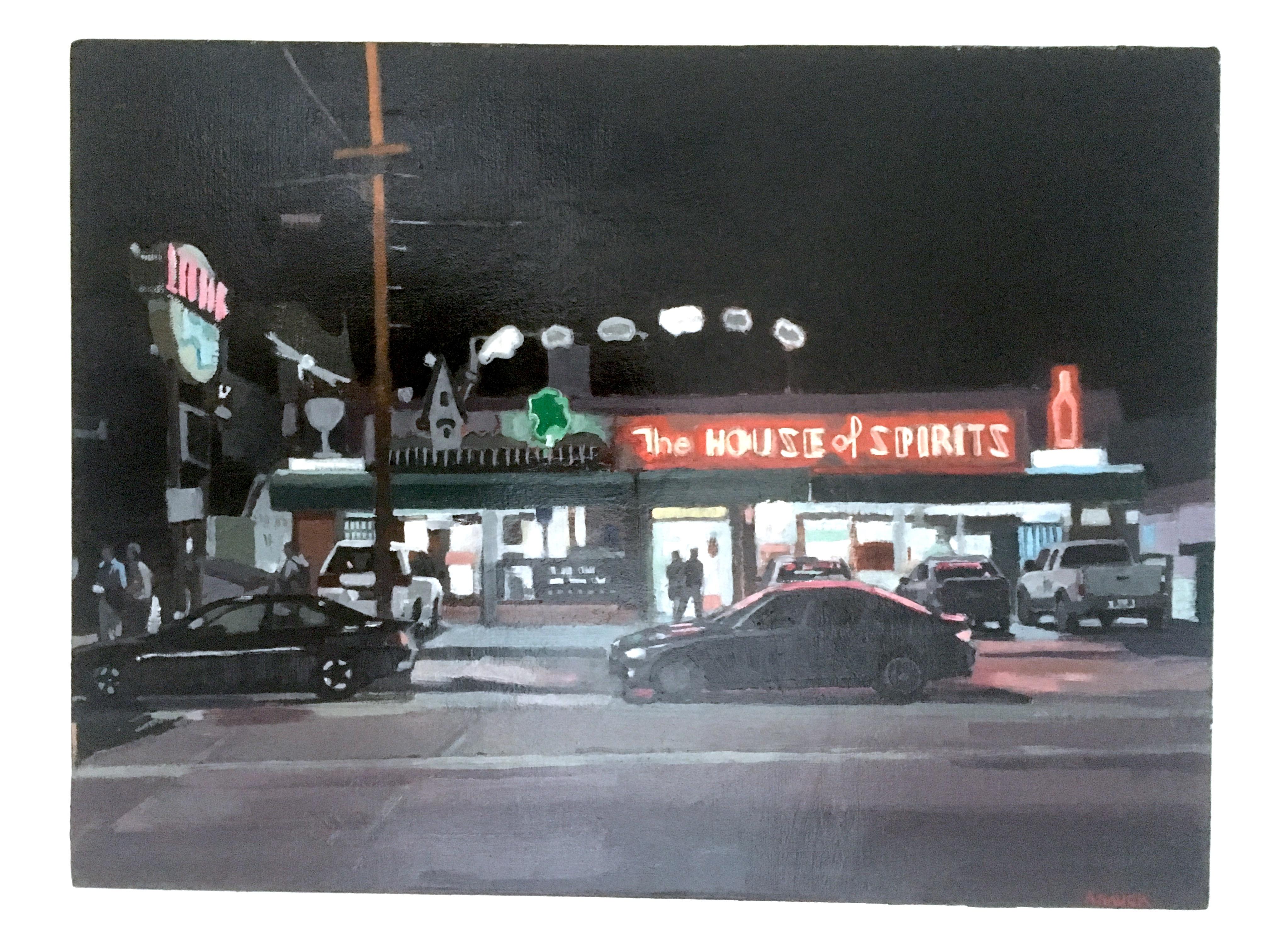 „Haus der Geister“, Ölgemälde auf Leinwand, figurative Nachtzeit, Straßenlandschaft (Zeitgenössisch), Painting, von Aaron Hauck