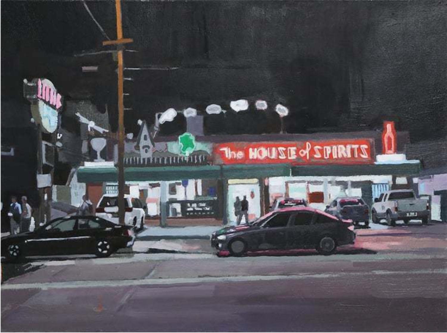 "House of Spirits" oil on canvas figurative night time cityscape streetscape - Painting by Aaron Hauck