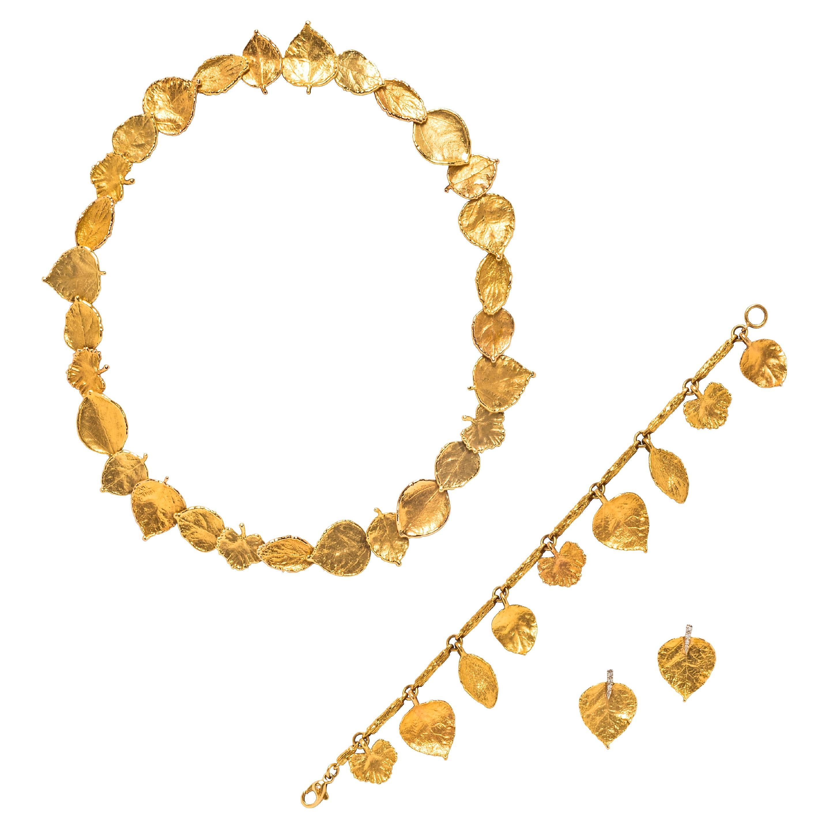 Aaron Henry Gold Leaf Necklace, Bracelet and Earring Suite For Sale