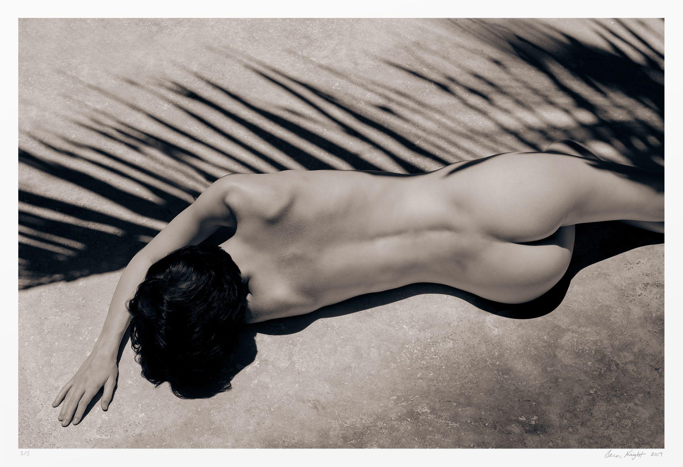 From a limited edition of 5 archival photographs  Signed and numbered by artist Aaron Knight.  A woman lays in the shadow of a palm tree.   Art-ID: PS7_7370   :: Photograph :: Sepia :: This piece comes with an official certificate of authenticity