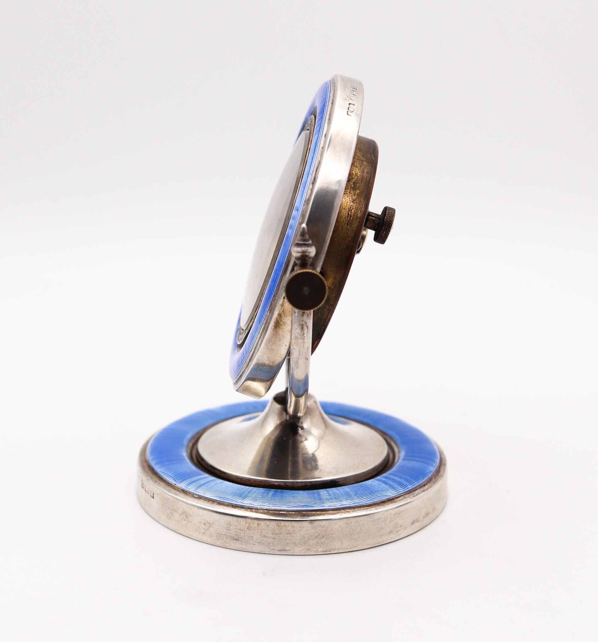 English AARON L. DENNISON 1929 Art Deco Guilloche Blue Enamel Desk Clock In Sterling For Sale