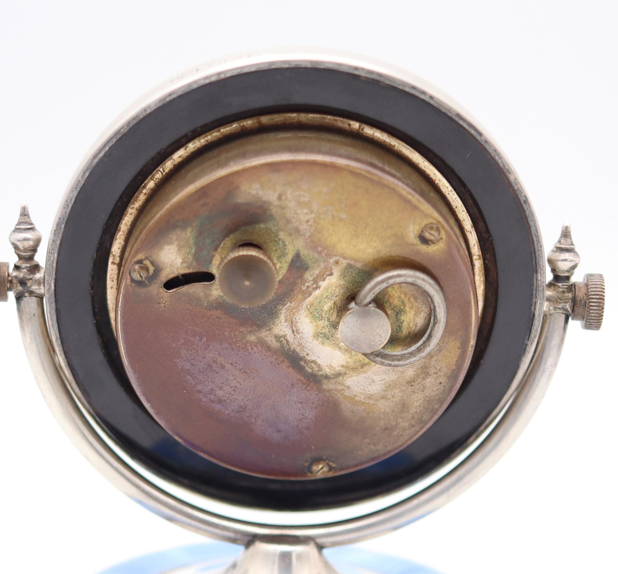 Enameled AARON L. DENNISON 1929 Art Deco Guilloche Blue Enamel Desk Clock In Sterling For Sale