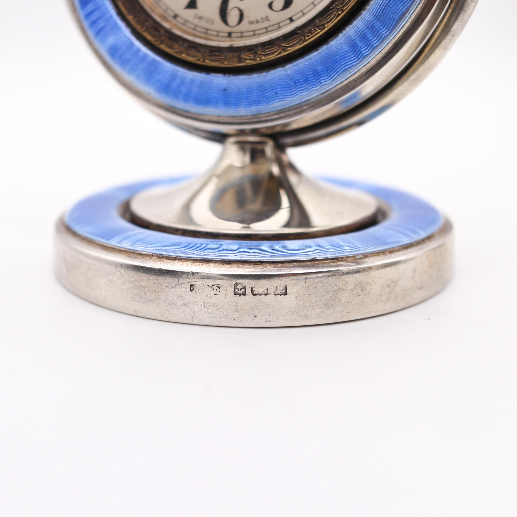 Early 20th Century AARON L. DENNISON 1929 Art Deco Guilloche Blue Enamel Desk Clock In Sterling For Sale