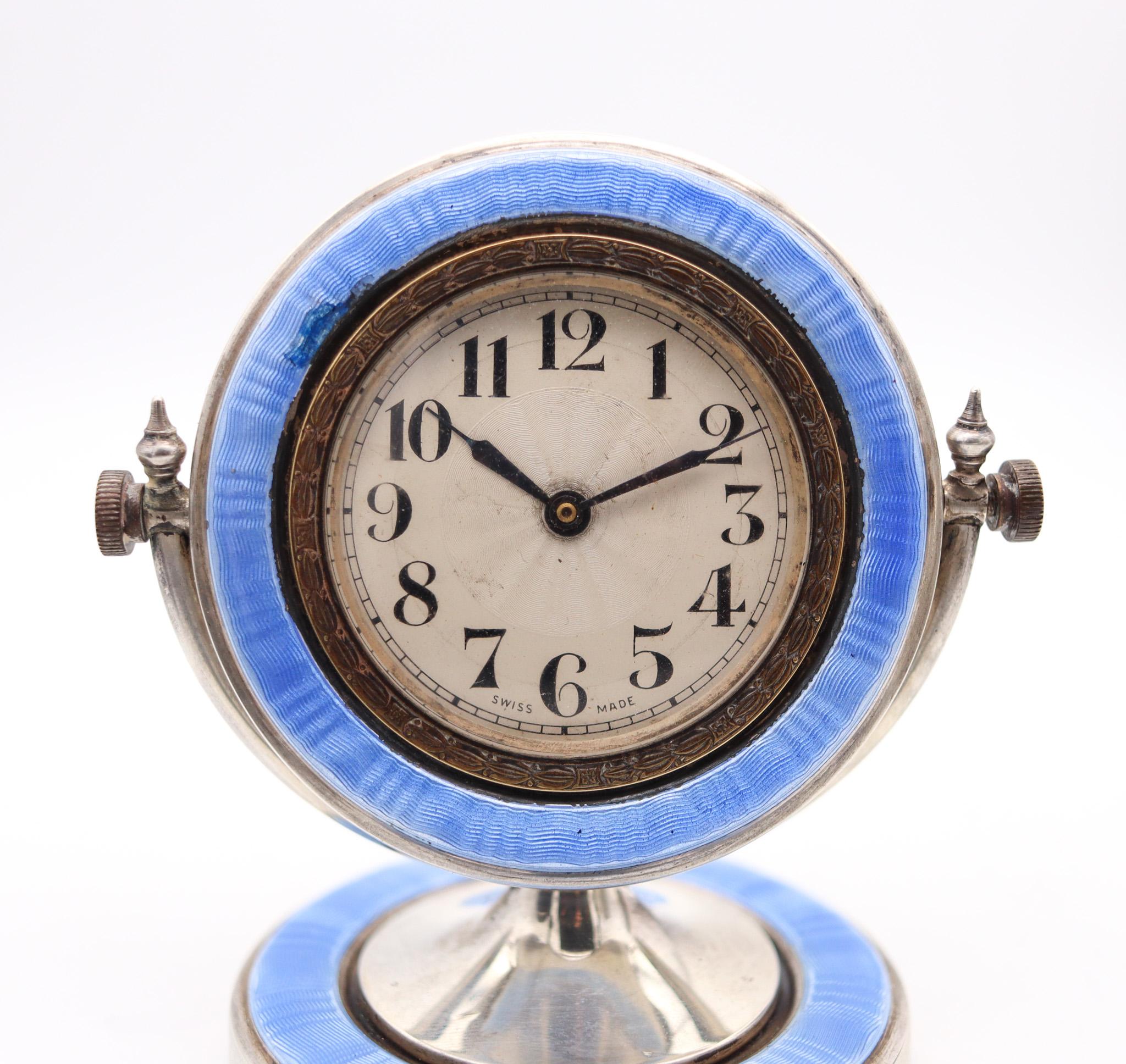 Sterling Silver AARON L. DENNISON 1929 Art Deco Guilloche Blue Enamel Desk Clock In Sterling For Sale
