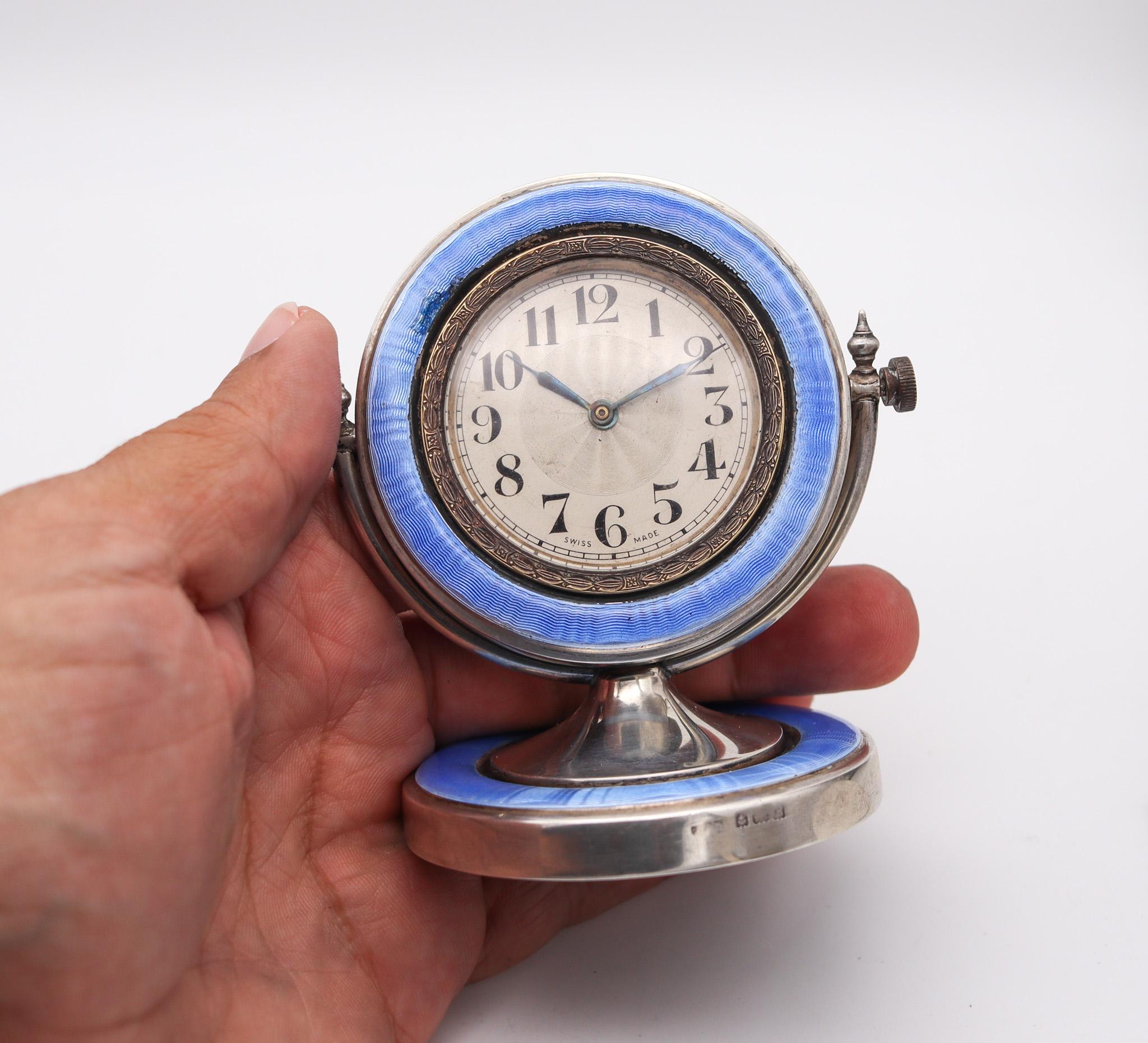 AARON L. DENNISON 1929 Art Deco Guilloche Blue Enamel Desk Clock In Sterling For Sale 2