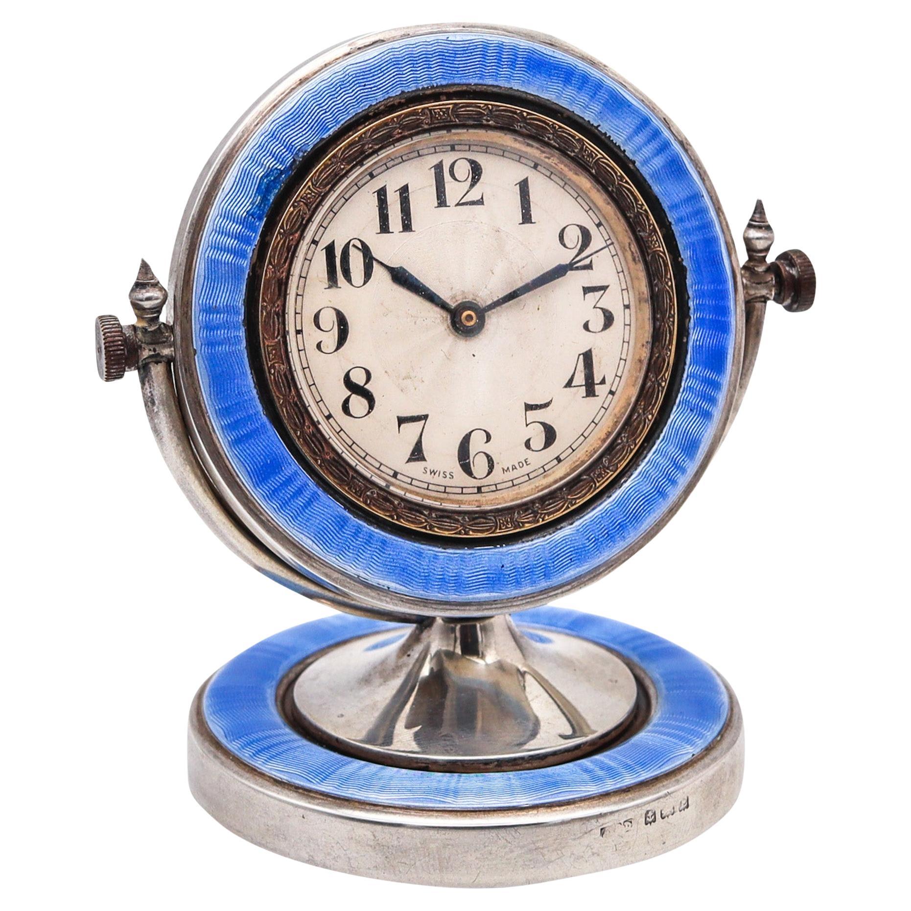AARON L. DENNISON 1929 Art Deco Guilloche Blue Enamel Desk Clock In Sterling