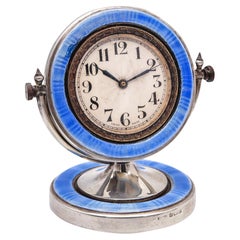 AARON L. DENNISON 1929 Art Deco Guilloche Blue Enamel Desk Clock In Sterling