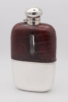 AARON LUFKIN DENNISON 1886 Birmingham Liquor Flask 925 Sterling Silver & Leather