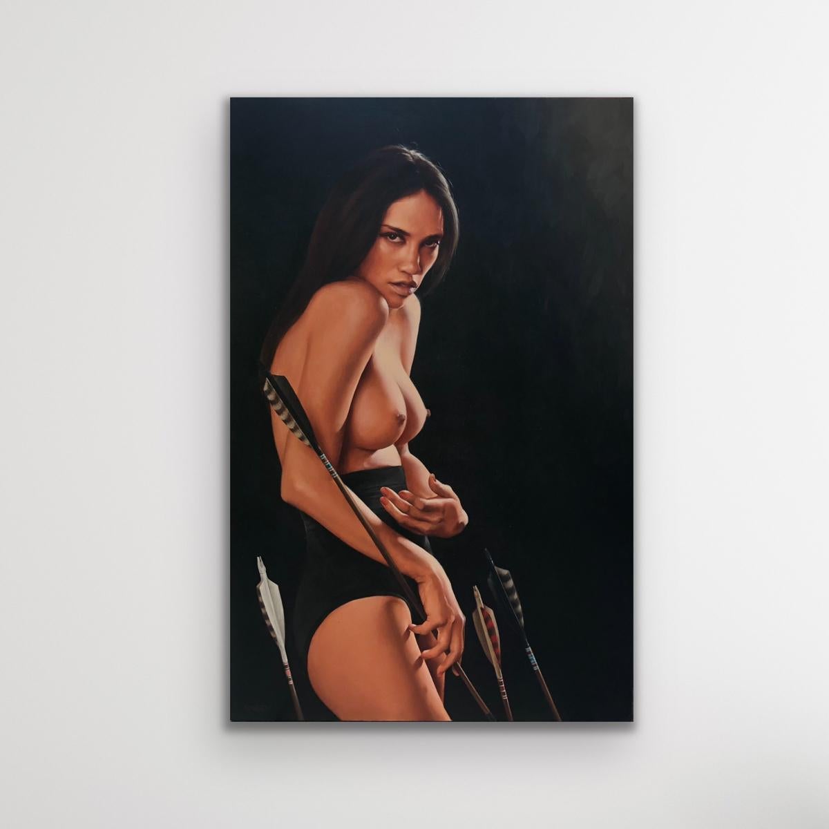 Portrait figuratif semi-nu d'une femme avec des flèches - Painting de Aaron Nagel