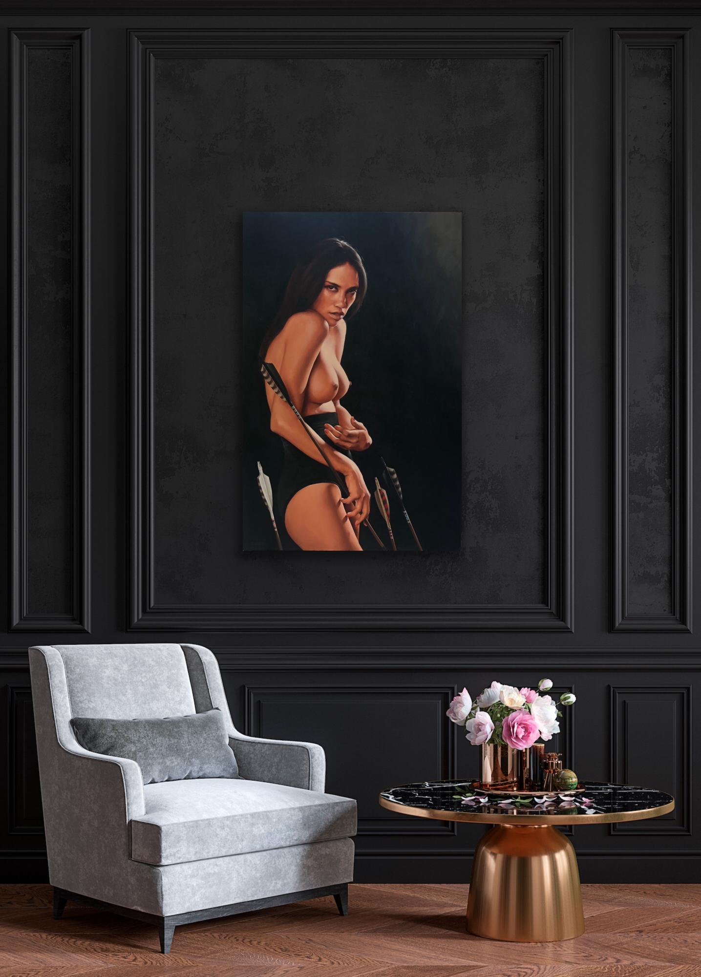 Striking realistic portrait painting of a semi-nude woman with arrows titled 