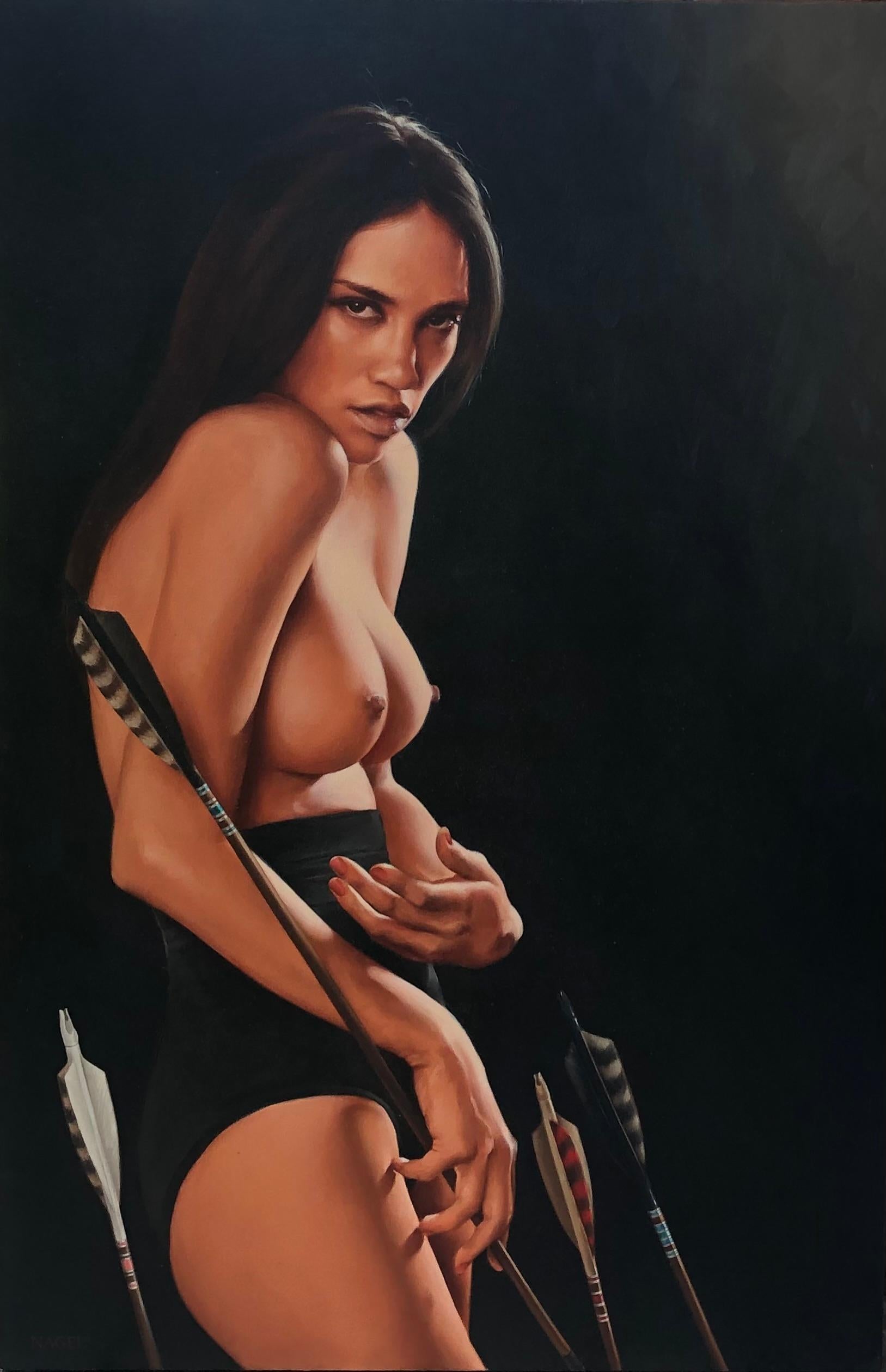 Aaron Nagel Nude Painting – Halbnacktes figuratives Porträtgemälde einer Frau mit Pfeilen