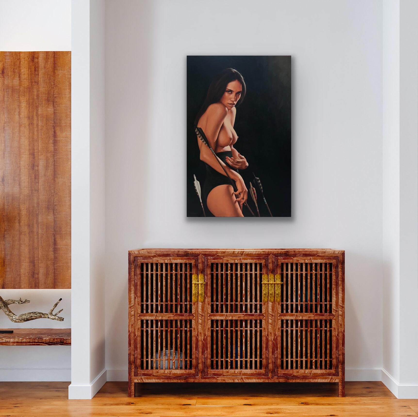Ritratto figurativo seminudo di donna con Arrow - Painting Realismo di Aaron Nagel