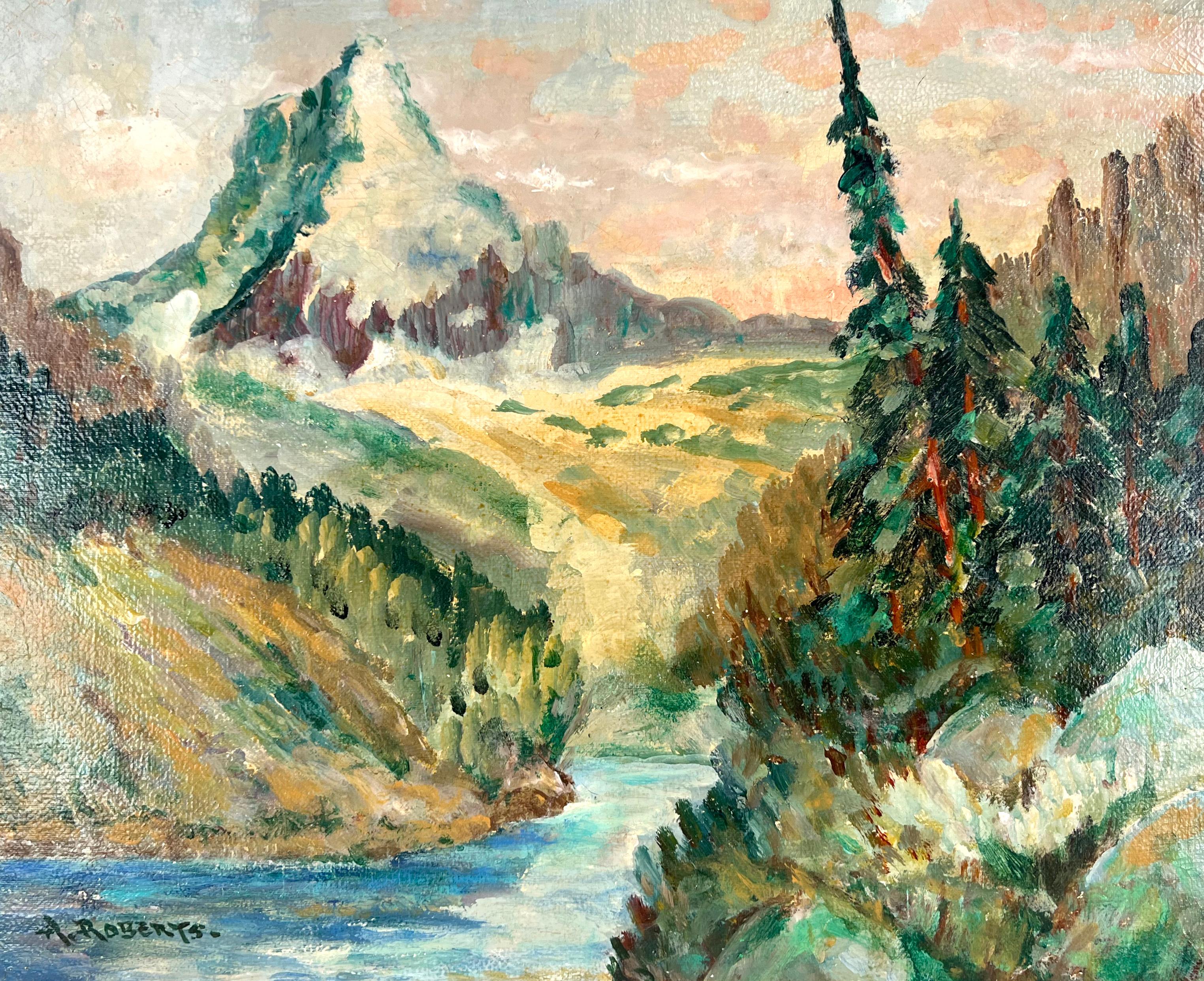 Sierra Peak California Mountain and Stream 1930er Jahre – Painting von Aaron Roberts