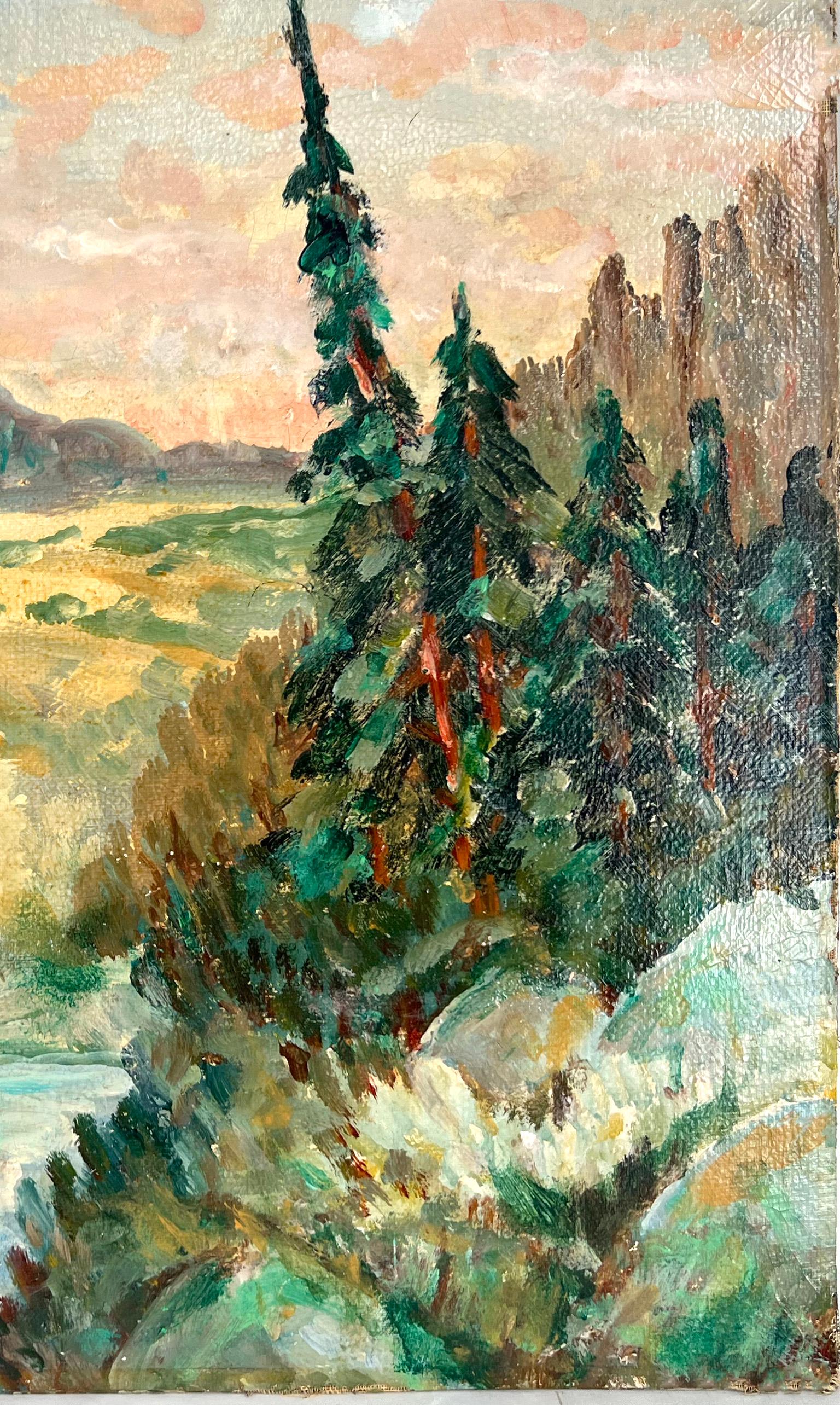 Sierra Peak California Mountain and Stream 1930er Jahre (Beige), Landscape Painting, von Aaron Roberts