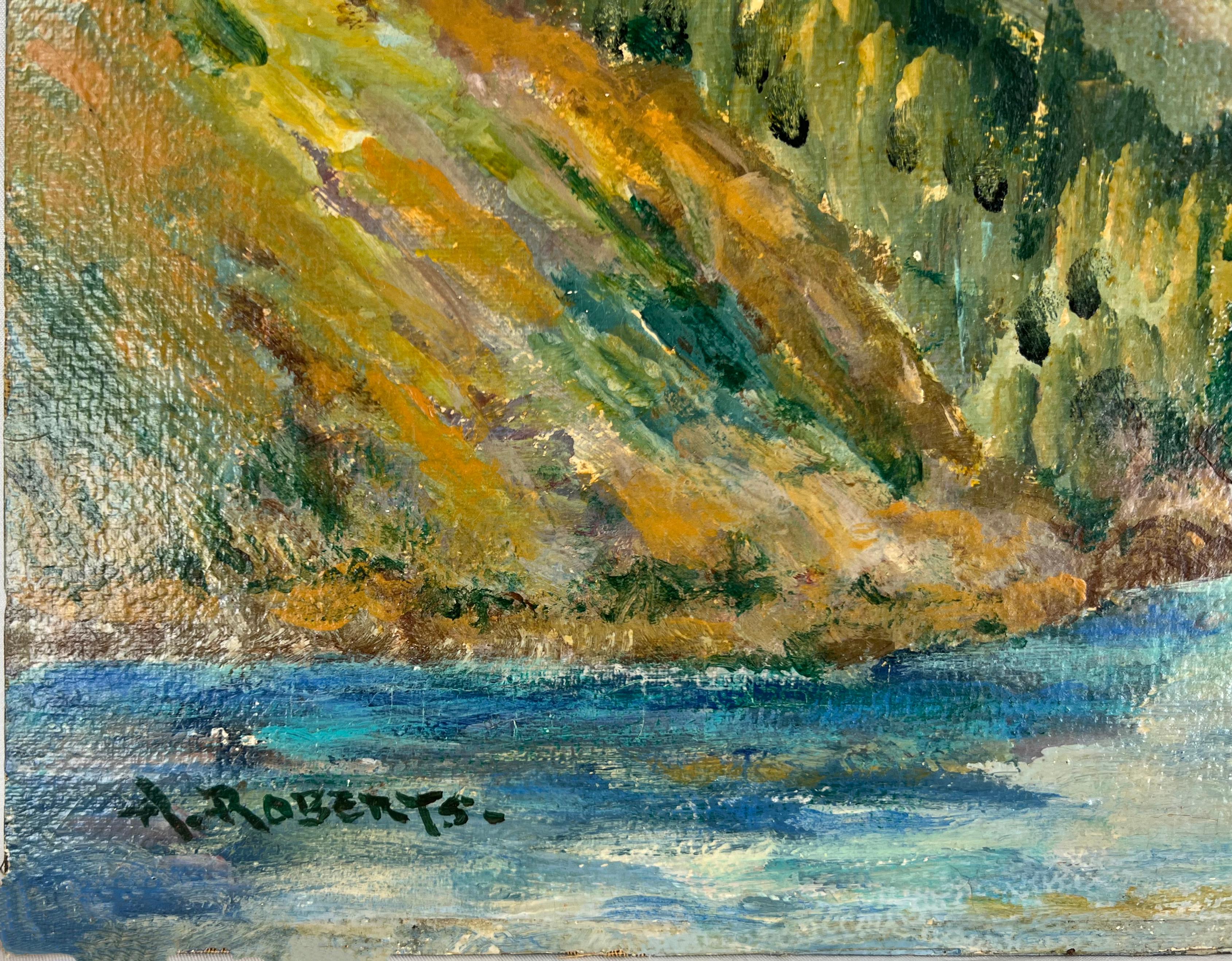 Sierra Peak California Mountain and Stream 1930er Jahre
Gemälde der kalifornischen Sierras aus den 1930er Jahren des südkalifornischen Künstlers Aaron Roberts (Amerikaner, 19.-20. Jh.). Frühlingslandschaft mit sanften Hügeln, Mohnblumen und einem