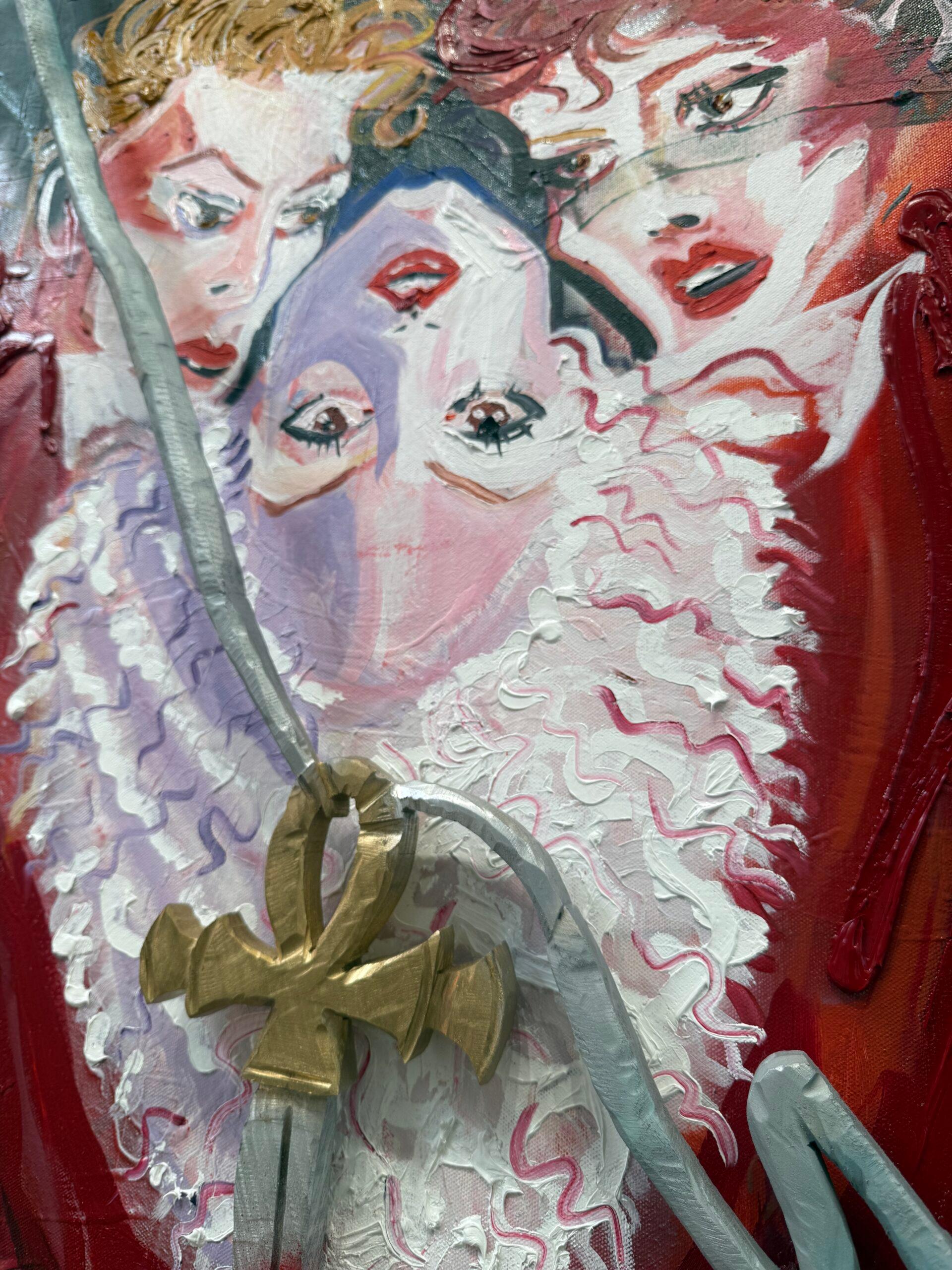 “Liquid Diet” is a striking contemporary oil painting inspired by the 1983 cult classic film “The Hunger,” starring Susan Sarandon and David Bowie. This atmospheric piece fuses gothic aesthetic, pop culture iconography, and dark surrealism into a