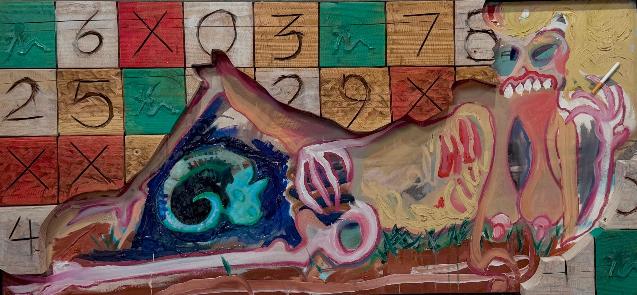 Aaron Sheppard Abstract Painting - Pine Box Keno with Tired Pussy