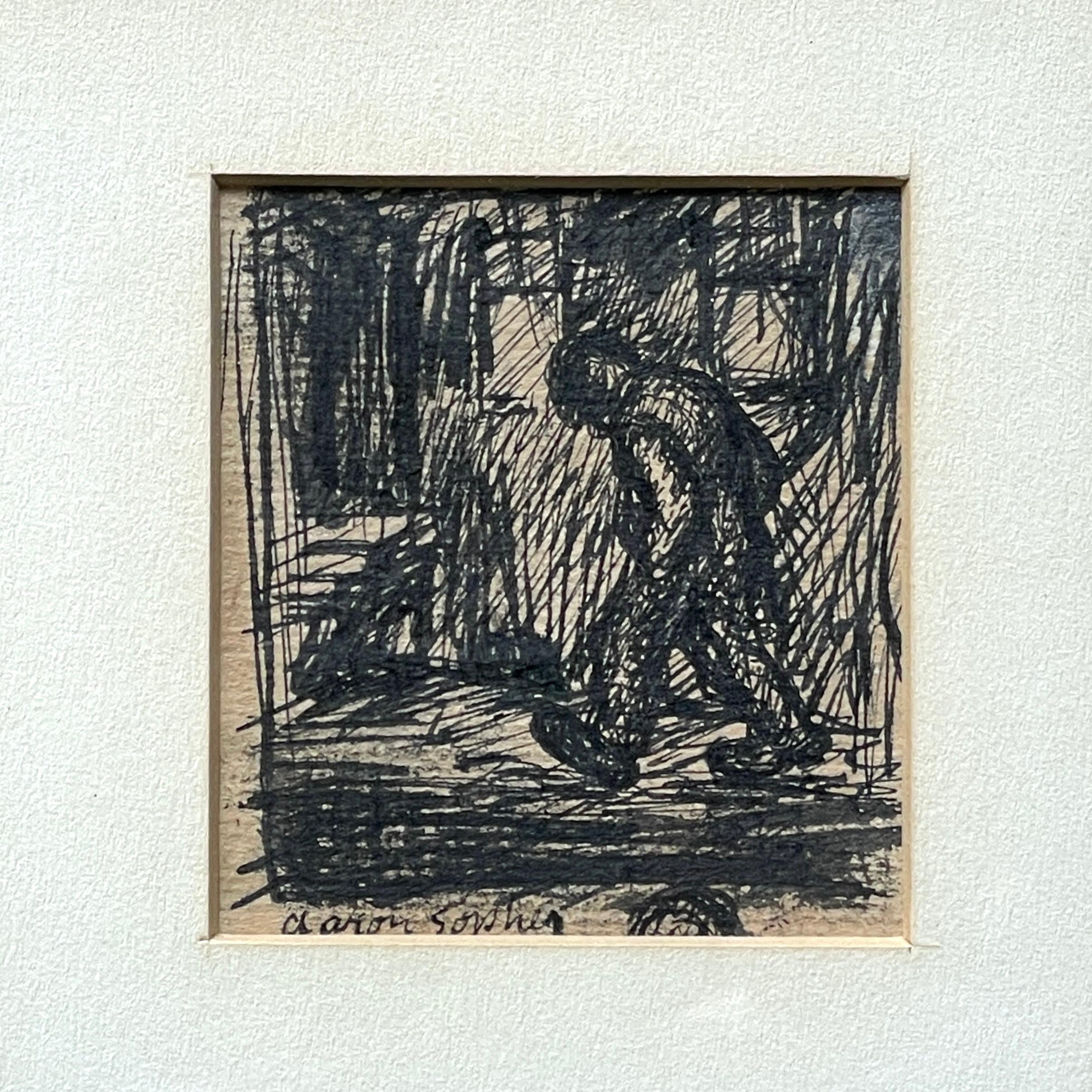 Aaron Sopher, Tintenwäsche, Ohne Titel, (Motiv ist ein Mann im Schritt.)  Genaues Datum unbekannt. Ausbleichen der Matte, Beulen und Absplitterungen am älteren Holzbilderrahmen.  Wird Schiff, wie Sie es in diesem Rahmen zu sehen.

Rahmen B 9 x H