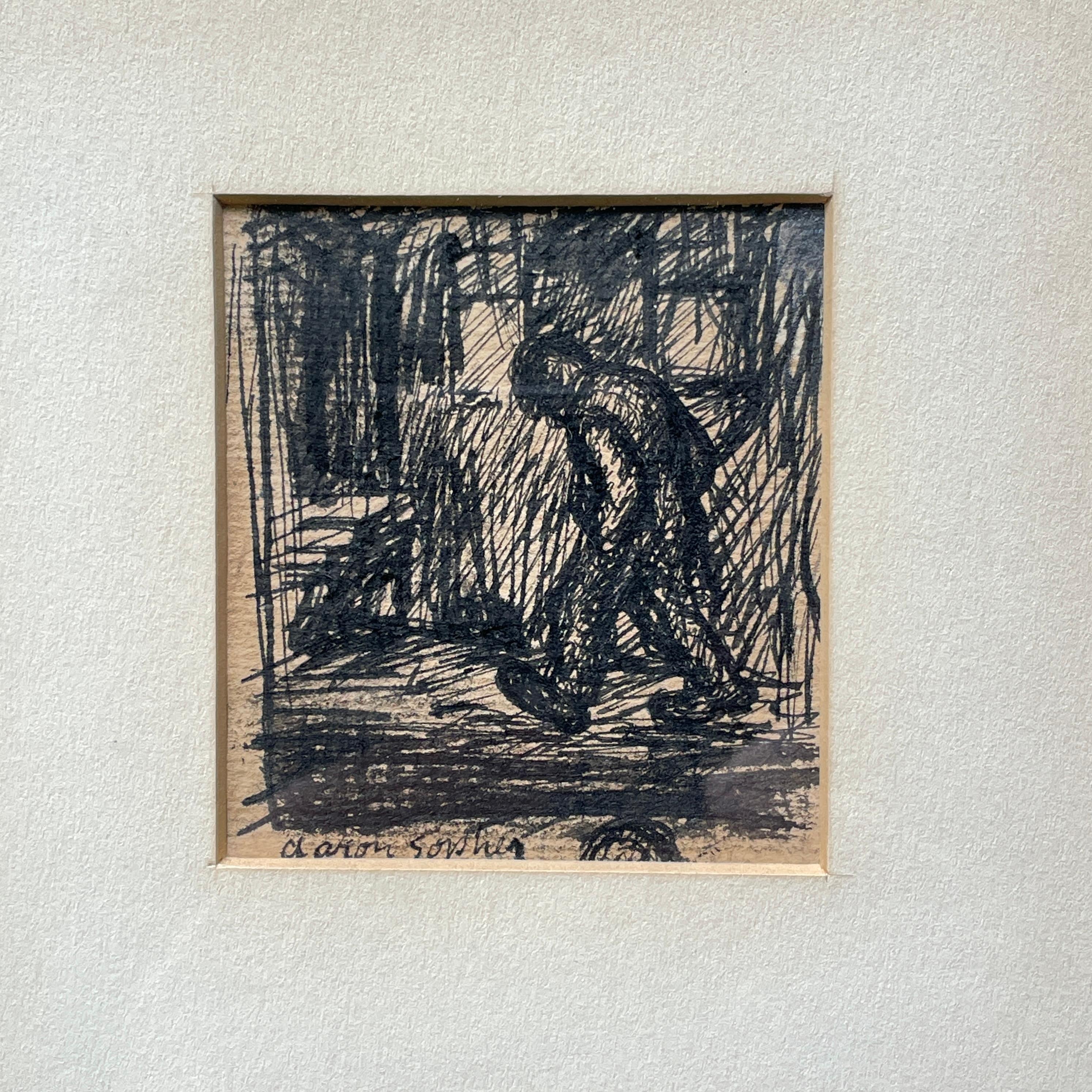 Aaron Sopher Scribble Zeichnung Mann 1940er New Yorker Wash Aquarell Tinte Stift Kunst (Moderne der Mitte des Jahrhunderts) im Angebot