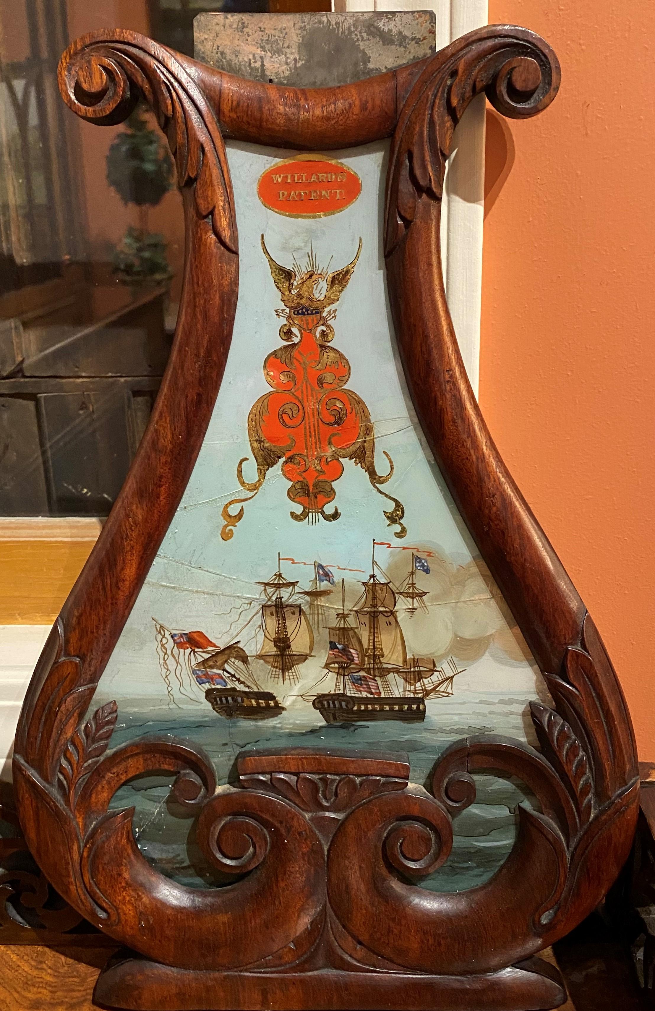 Aaron Willard Lyre Clock in Mahogany Case w/ Battling Tall Ships Eglomise Panel 2