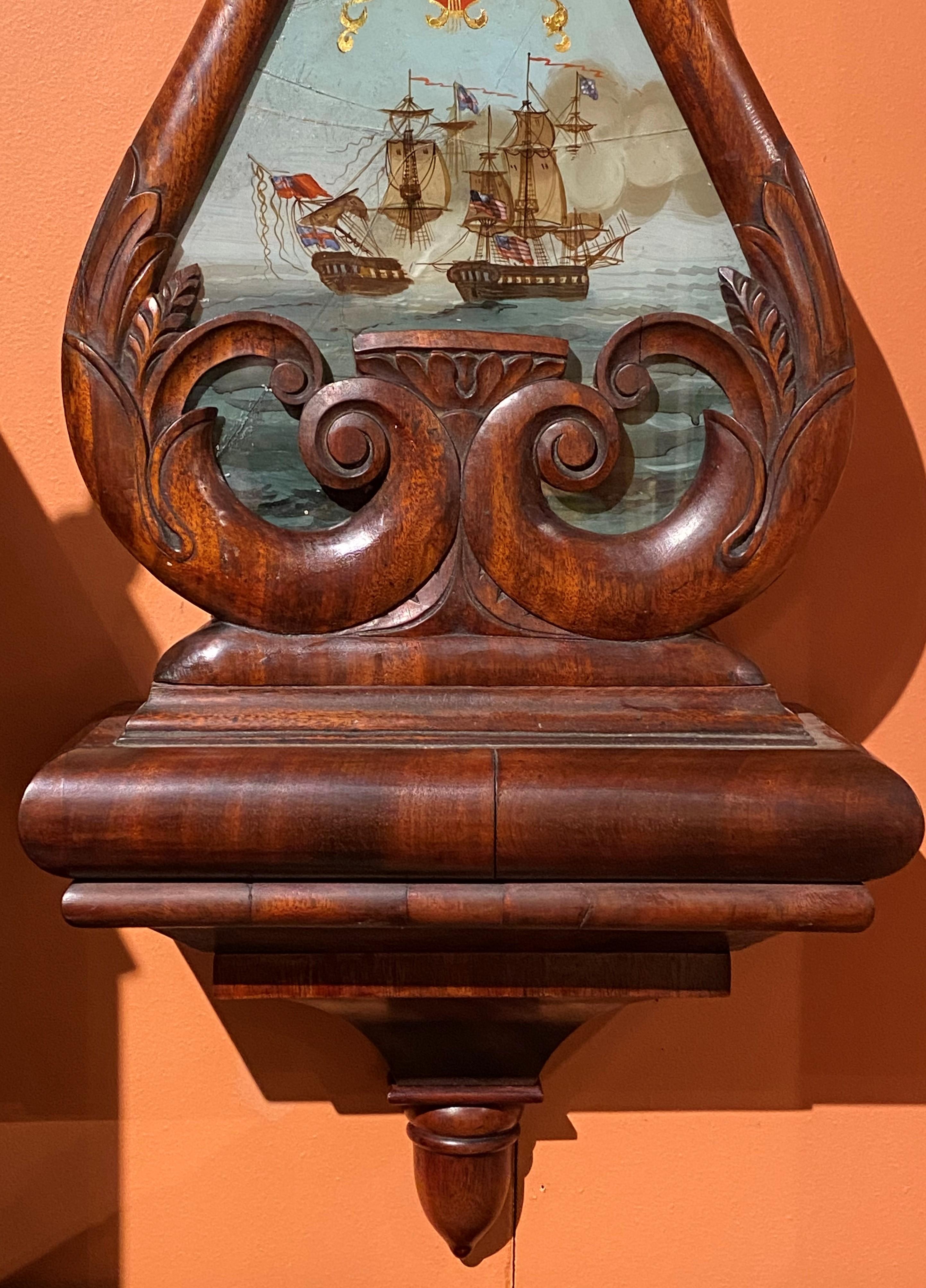 American Aaron Willard Lyre Clock in Mahogany Case w/ Battling Tall Ships Eglomise Panel