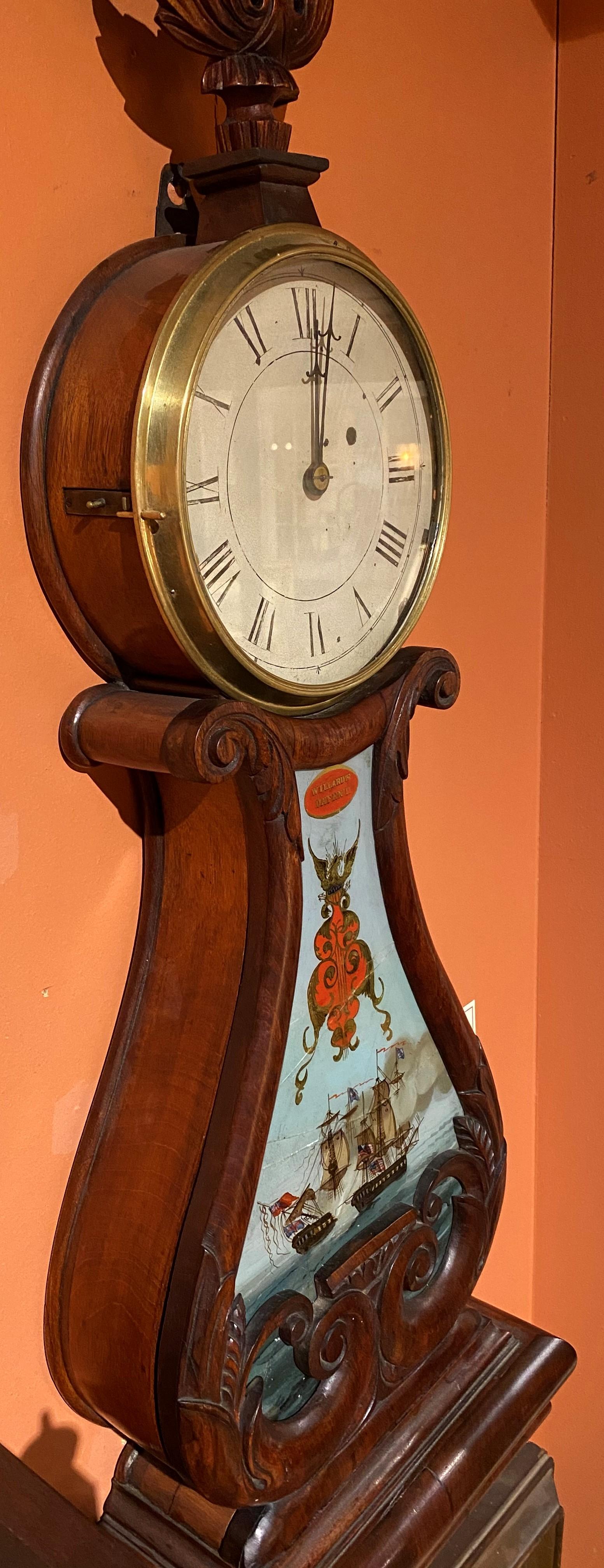 Hand-Carved Aaron Willard Lyre Clock in Mahogany Case w/ Battling Tall Ships Eglomise Panel