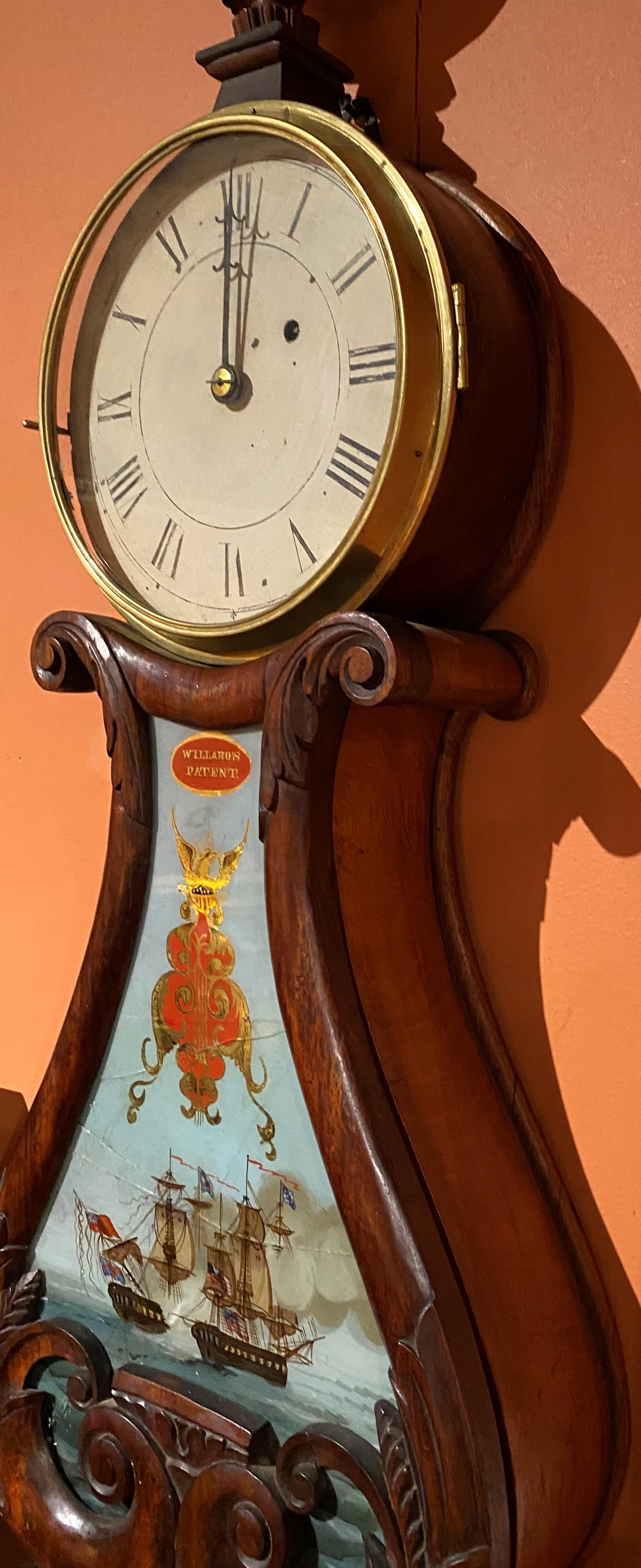 Aaron Willard Lyre Clock in Mahogany Case w/ Battling Tall Ships Eglomise Panel In Good Condition In Milford, NH