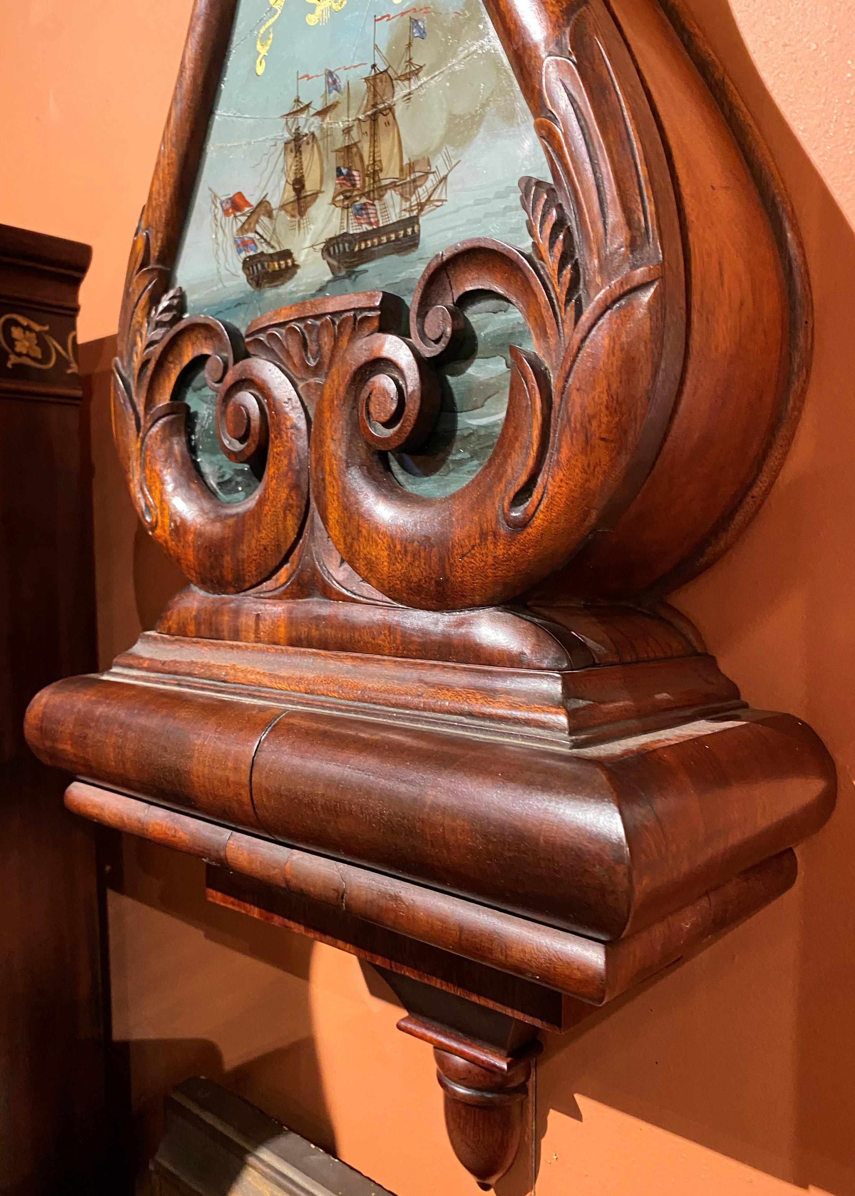 19th Century Aaron Willard Lyre Clock in Mahogany Case w/ Battling Tall Ships Eglomise Panel