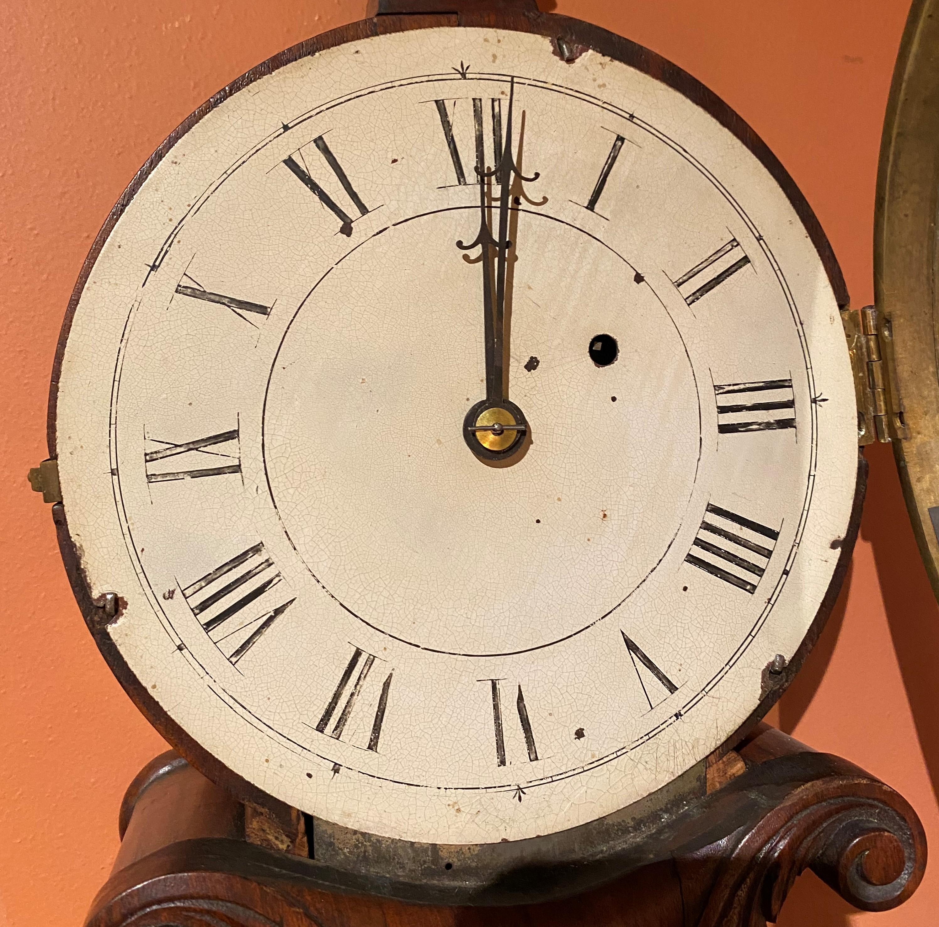 Brass Aaron Willard Lyre Clock in Mahogany Case w/ Battling Tall Ships Eglomise Panel