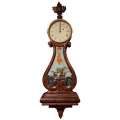 Aaron Willard Lyre Clock in Mahogany Case w/ Battling Tall Ships Eglomise Panel