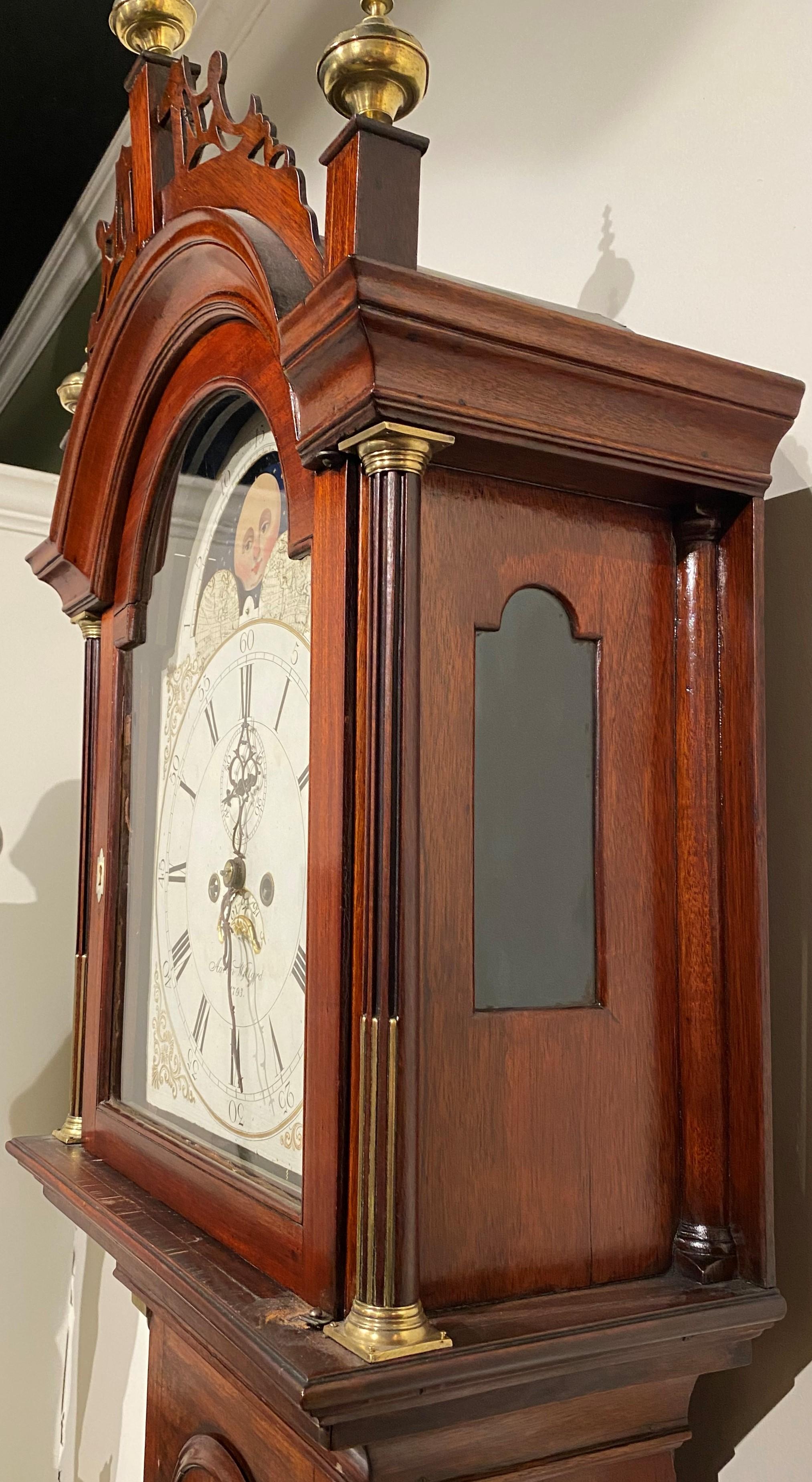 American Aaron Willard Mahogany Tall Case Clock with Moon Phase Dial 1793