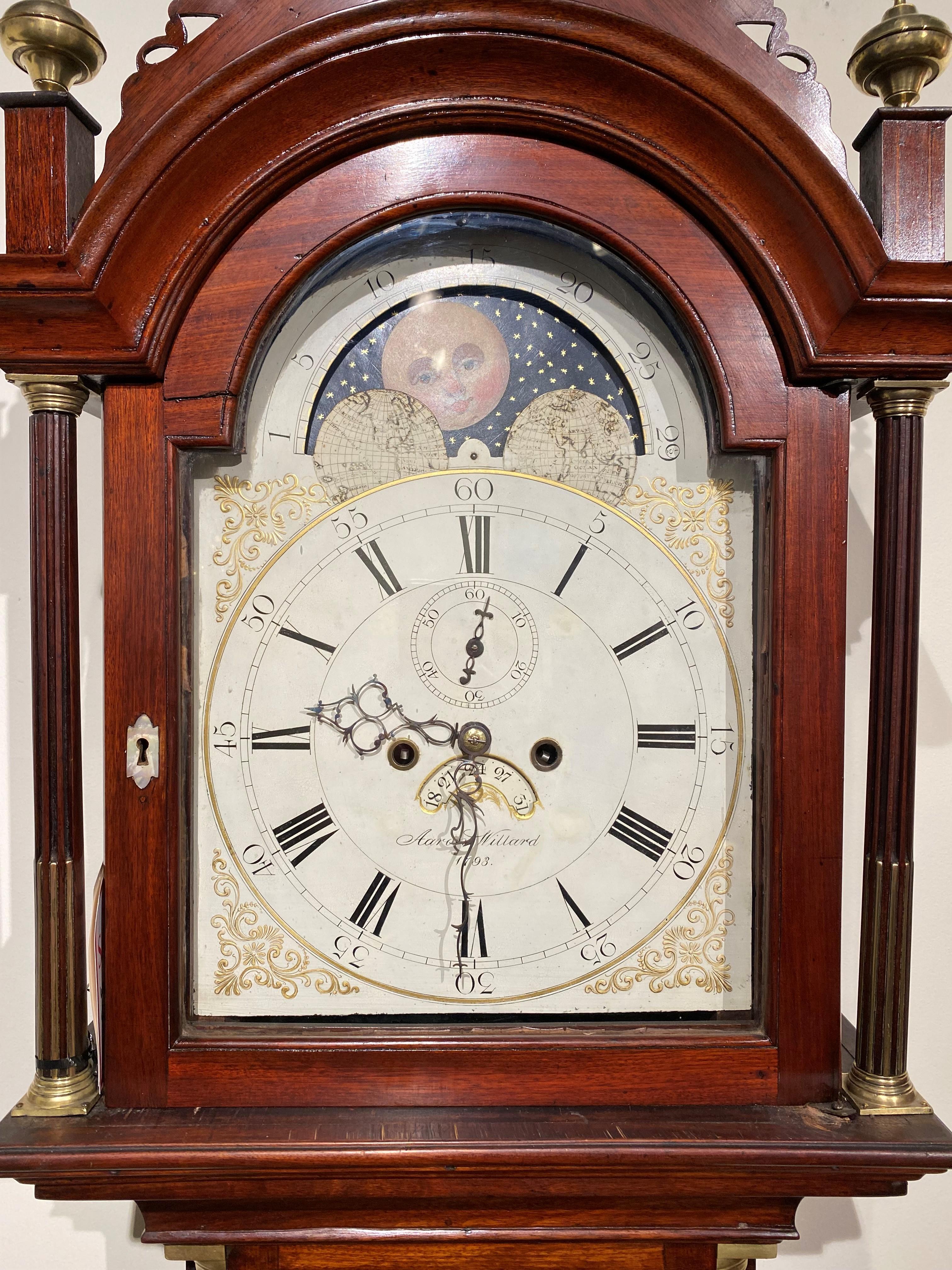 Brass Aaron Willard Mahogany Tall Case Clock with Moon Phase Dial 1793