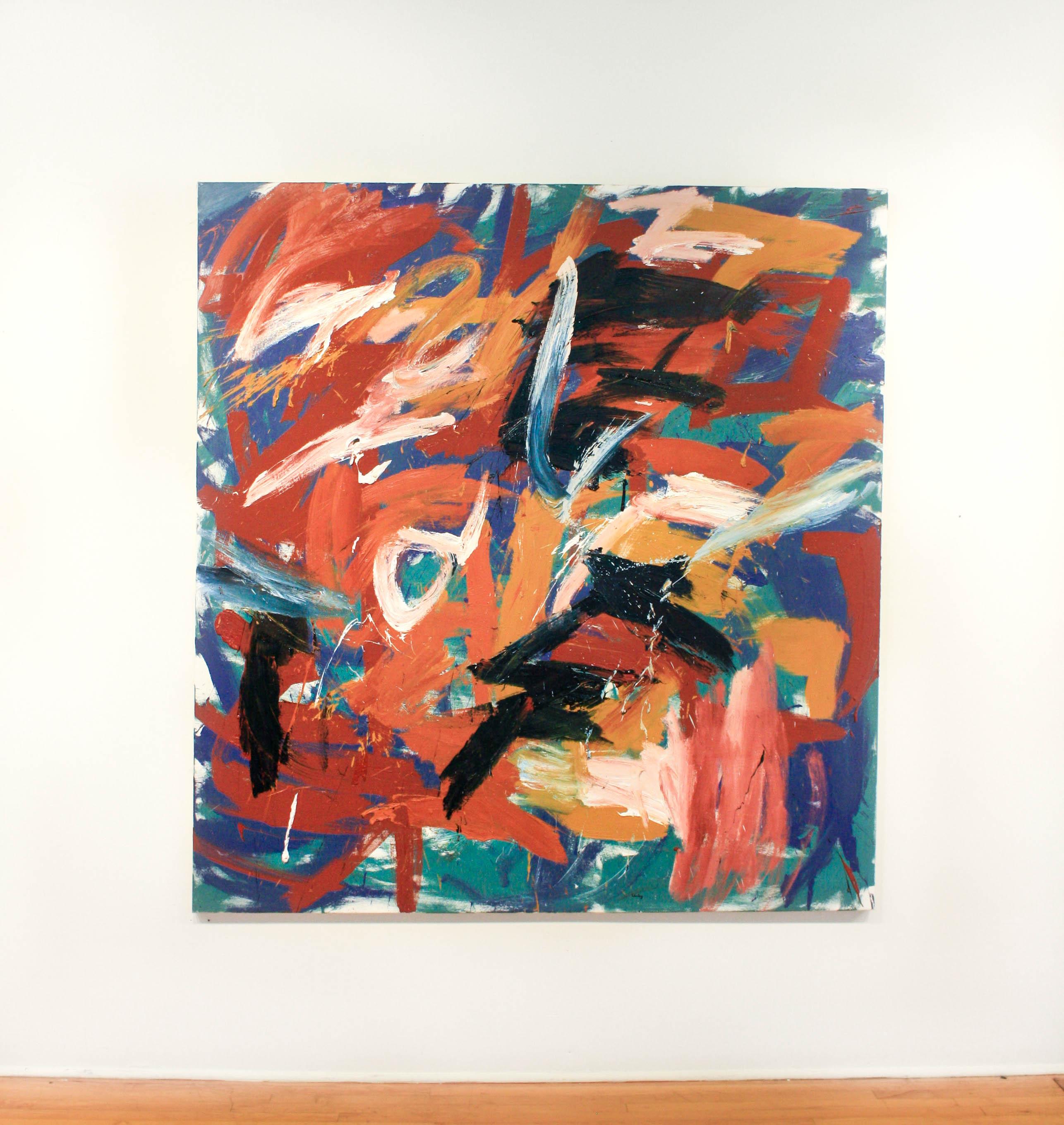 This gestural abstract oil painting is rendered using blue, green, orange, red, yellow, pink, and white.

