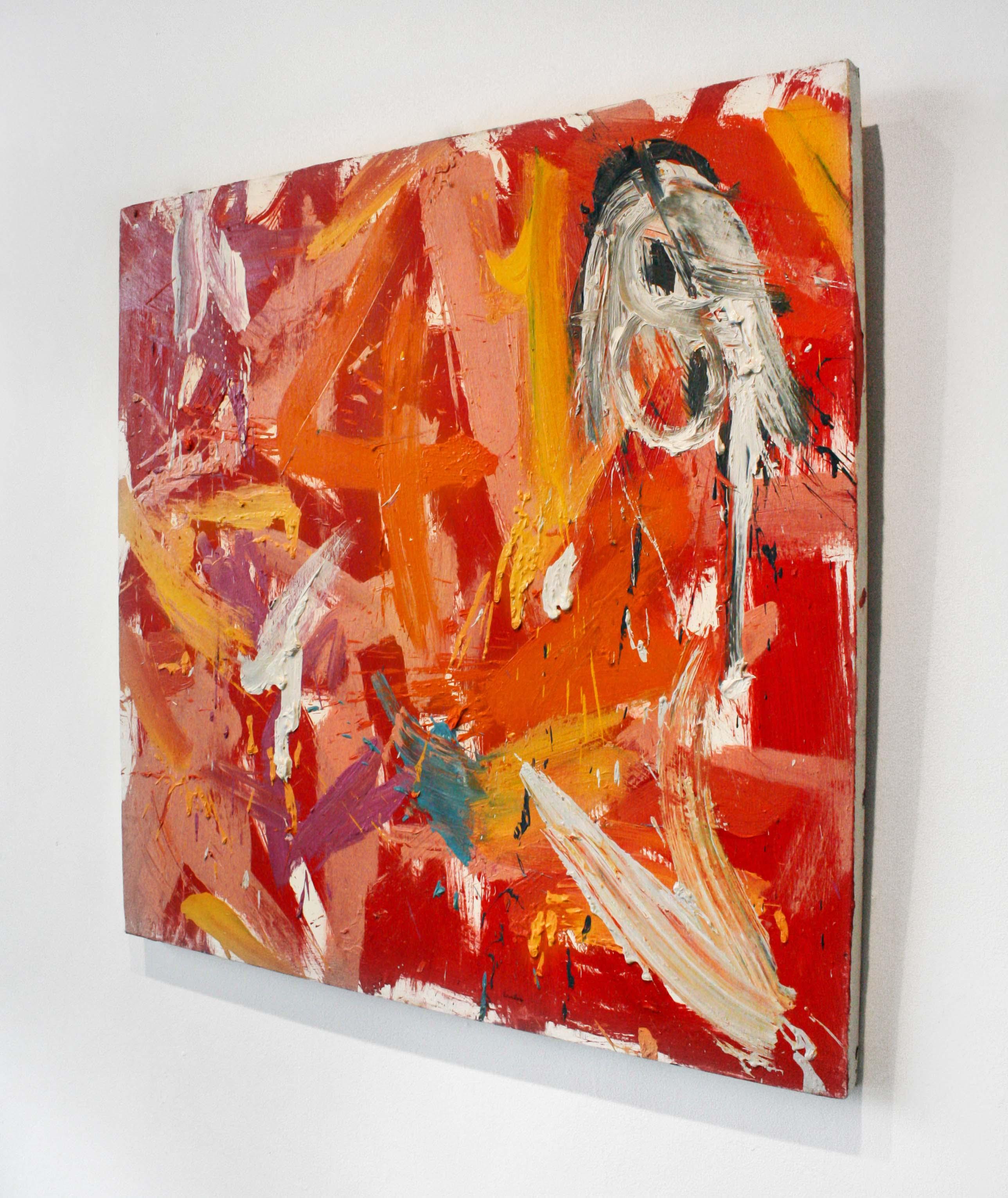 This abstract oil painting on canvas is brightly colored with orange, yellow, violet, and red.

Aaron Worley is a painter best known for often utilizing long, sweeping gestures of highly contrasting and vivid oil paint colors on large scale mediums.