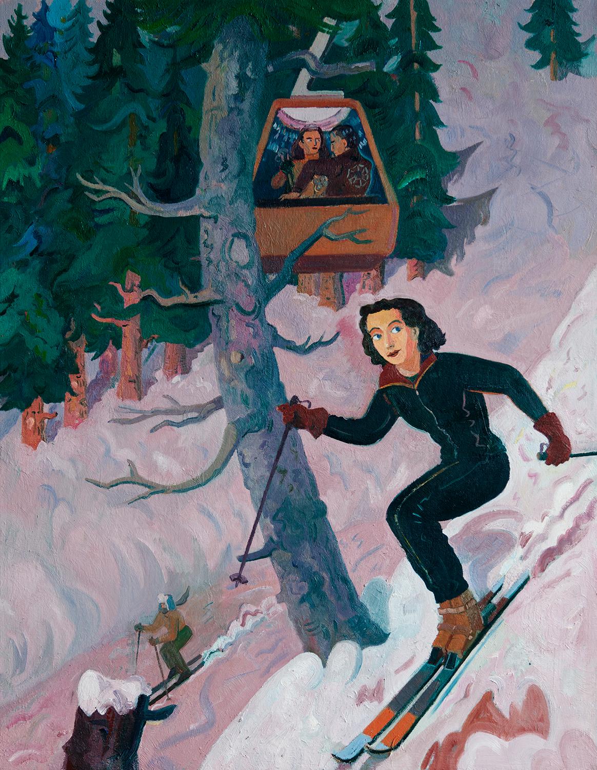 Aaron Zulpo Figurative Painting - Through the Trees (you never know who you'll meet on the gondola)