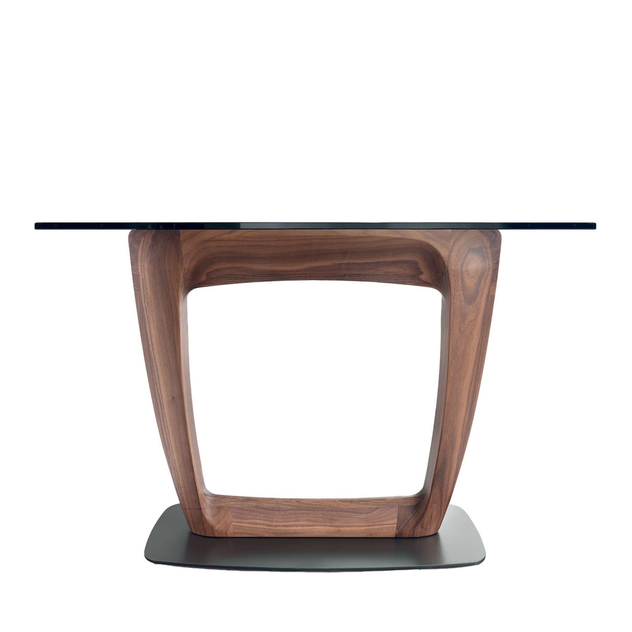 Designed by Stefano Bigi, this bold console table will make a striking statement in a contemporary, industrial, or rustic-inspired decor. The table top (10 or 12mm thick) is welded to a solid Canaletto walnut base distinguished by a bold,