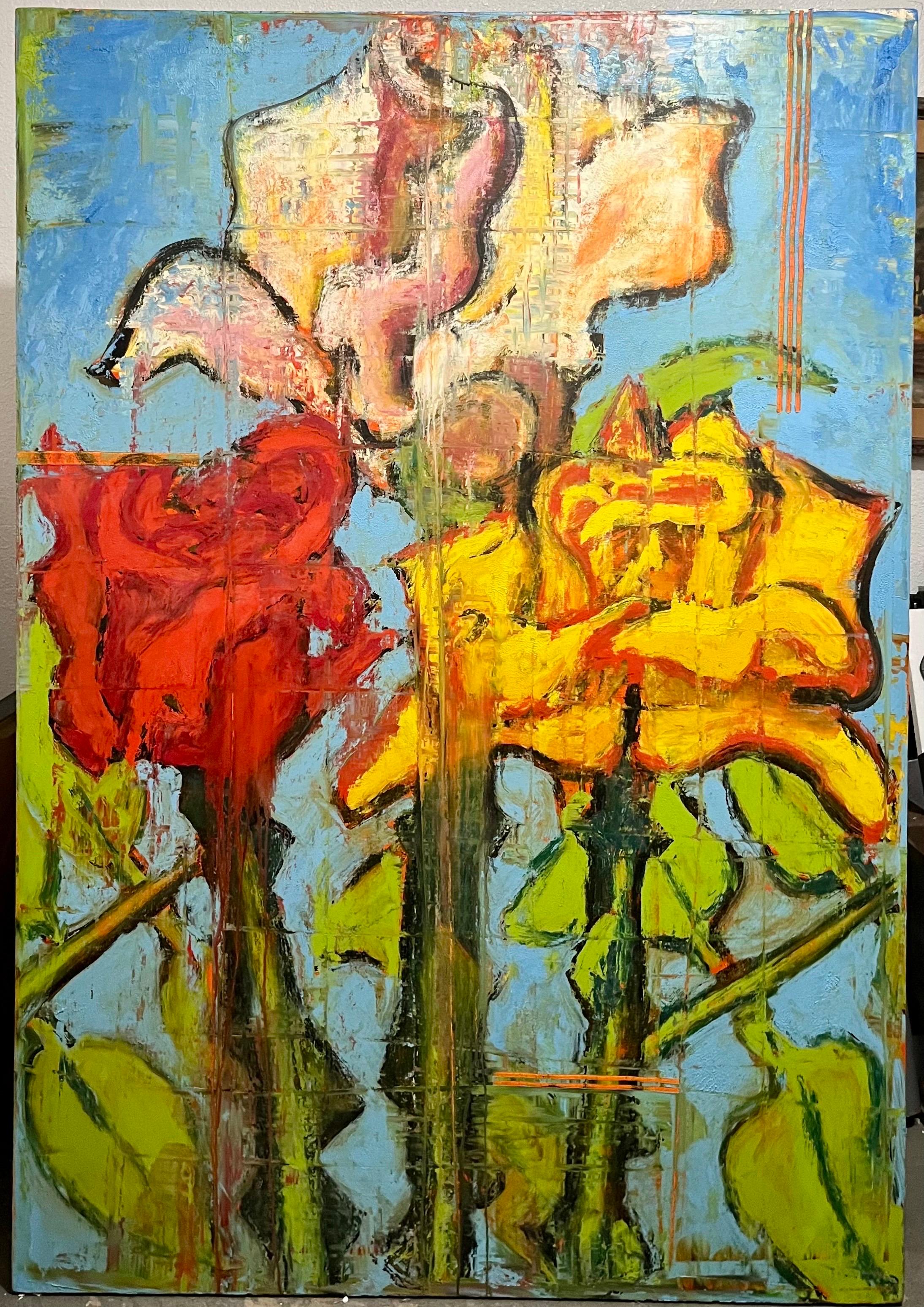 Grande bouquet di rose modernista olio su tela Aaron Fink in vendita 1