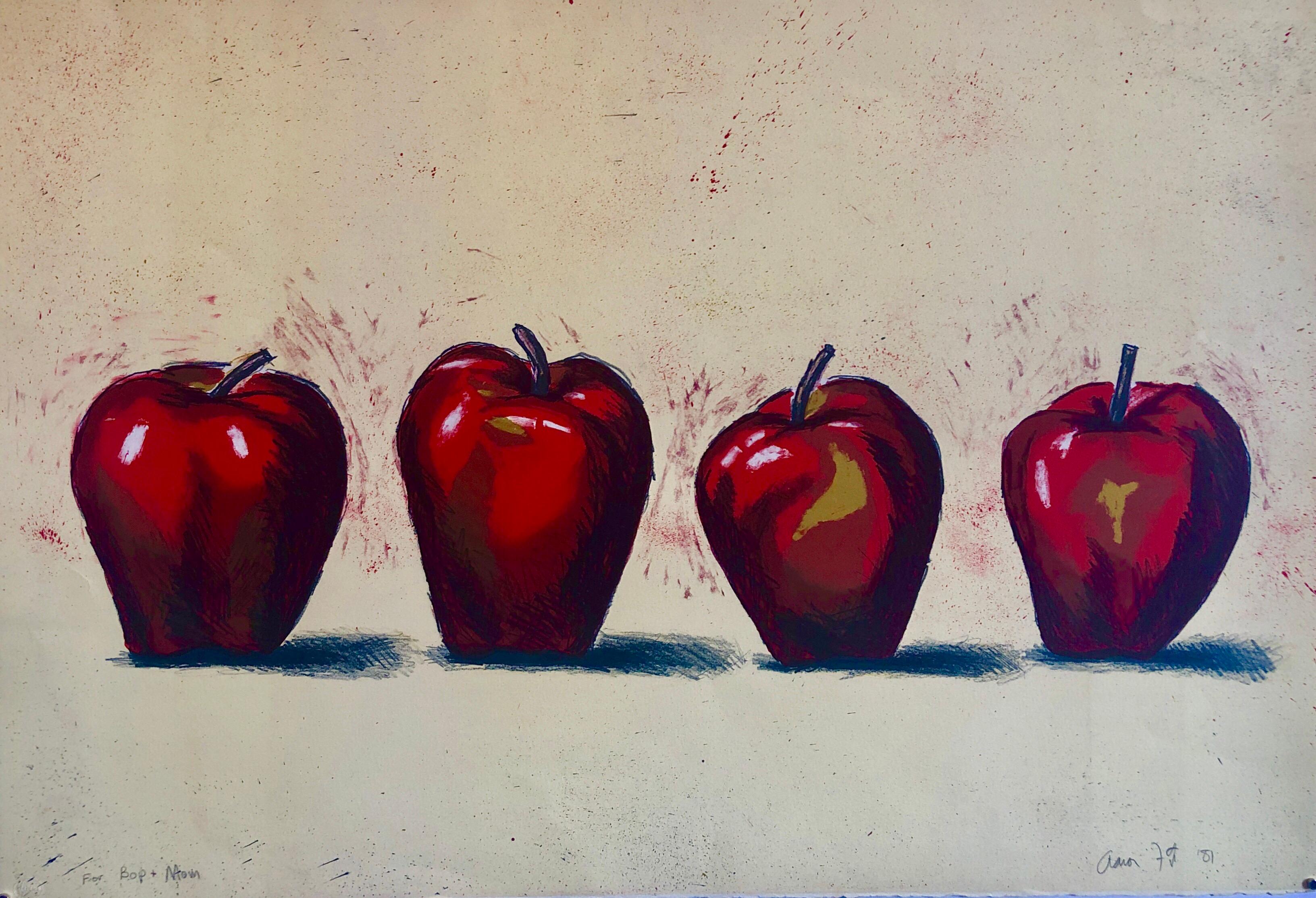 Aaron Fink (American, b. 1955) 
Apples
Signed and dated "Aaron Fink" lower right
on Arches deckle edged paper. it is pencil signed and dedicated in pencil. it is not numbered and might be a rare artist's proof print. (this is possibly a woodblock or