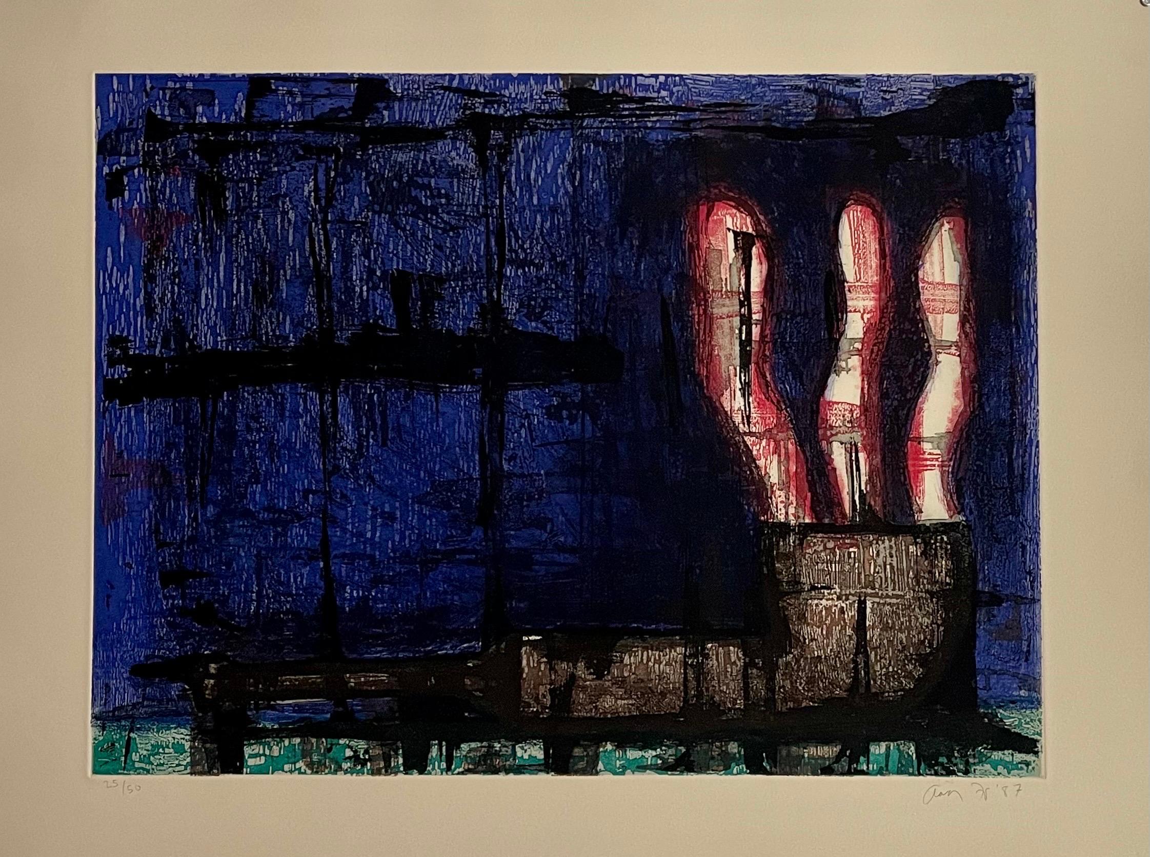 Aaron Fink (américain, né en 1955) 
Gravure sur papier intitulée "Sans titre (tuyau coloré)". 
Représentation d'une pipe abstraite avec de la fumée rose vif flottant du bol. 
Signé à la main au crayon et daté 1987 en bas à droite ; numéroté 25/50 en