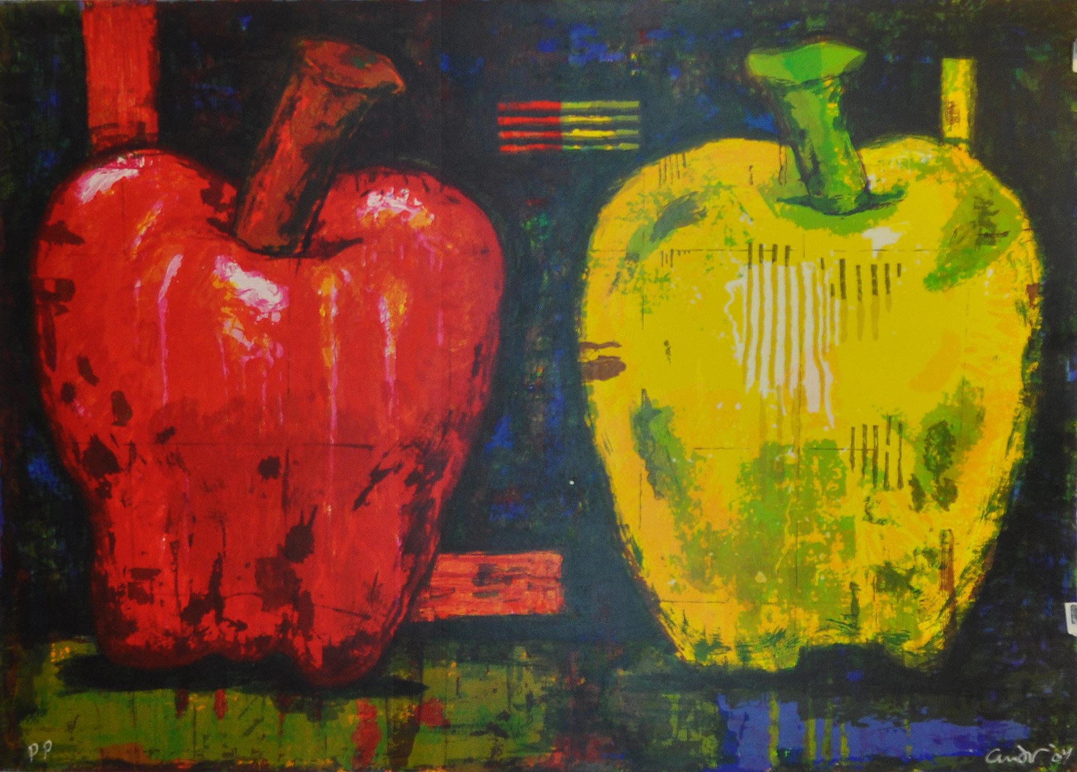 Aaron Fink (American, b. 1955) 
Two Apples. Signed, unframed
Size 140 W x 100 H
Printers Proff., Publisher Jørgen Hansen, Denmark
Unknown editions size.

Aaron Fink, born in Boston, is working in a variety of mediums including oil, prints, sculpture