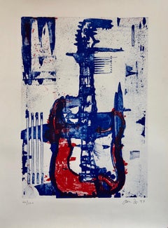Modernist Lithograph Red, White, Denim Blue Guitar Aaron Fink Pop Art Americana