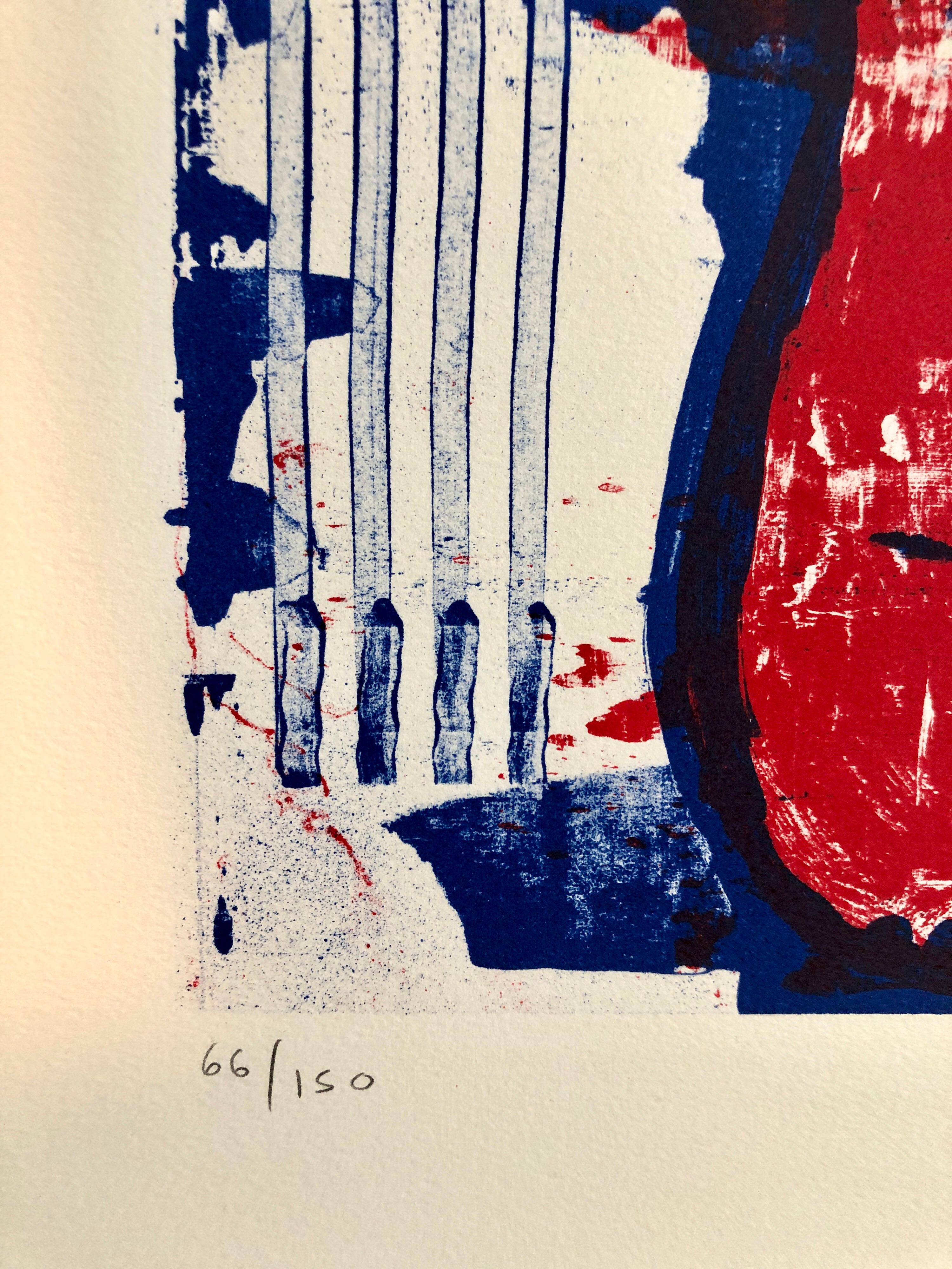Modernist Lithograph Red, White, Denim Blue Guitar Aaron Fink Pop Art Americana  For Sale 3