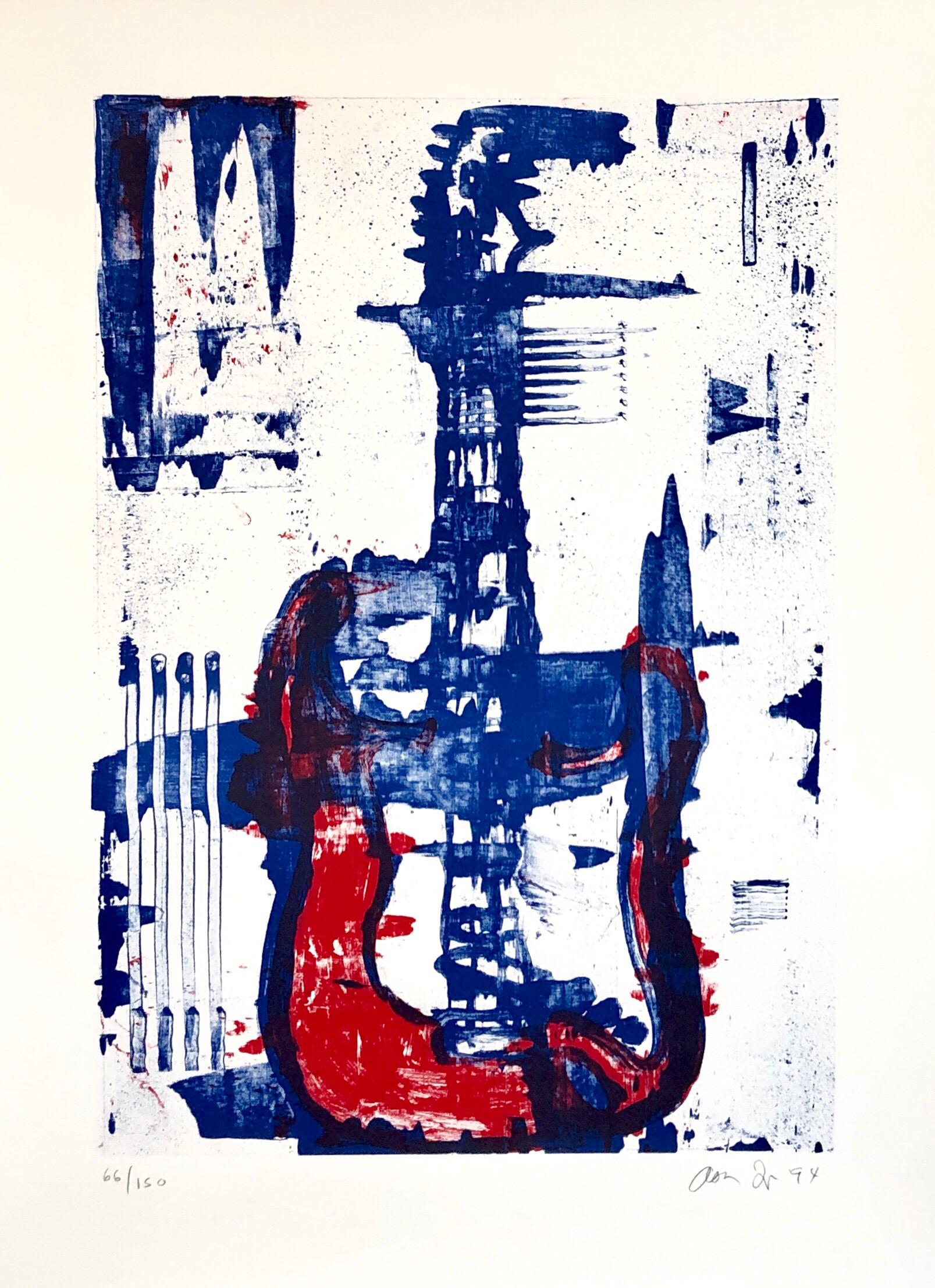 Modernist Lithograph Red, White, Denim Blue Guitar Aaron Fink Pop Art Americana  For Sale 1