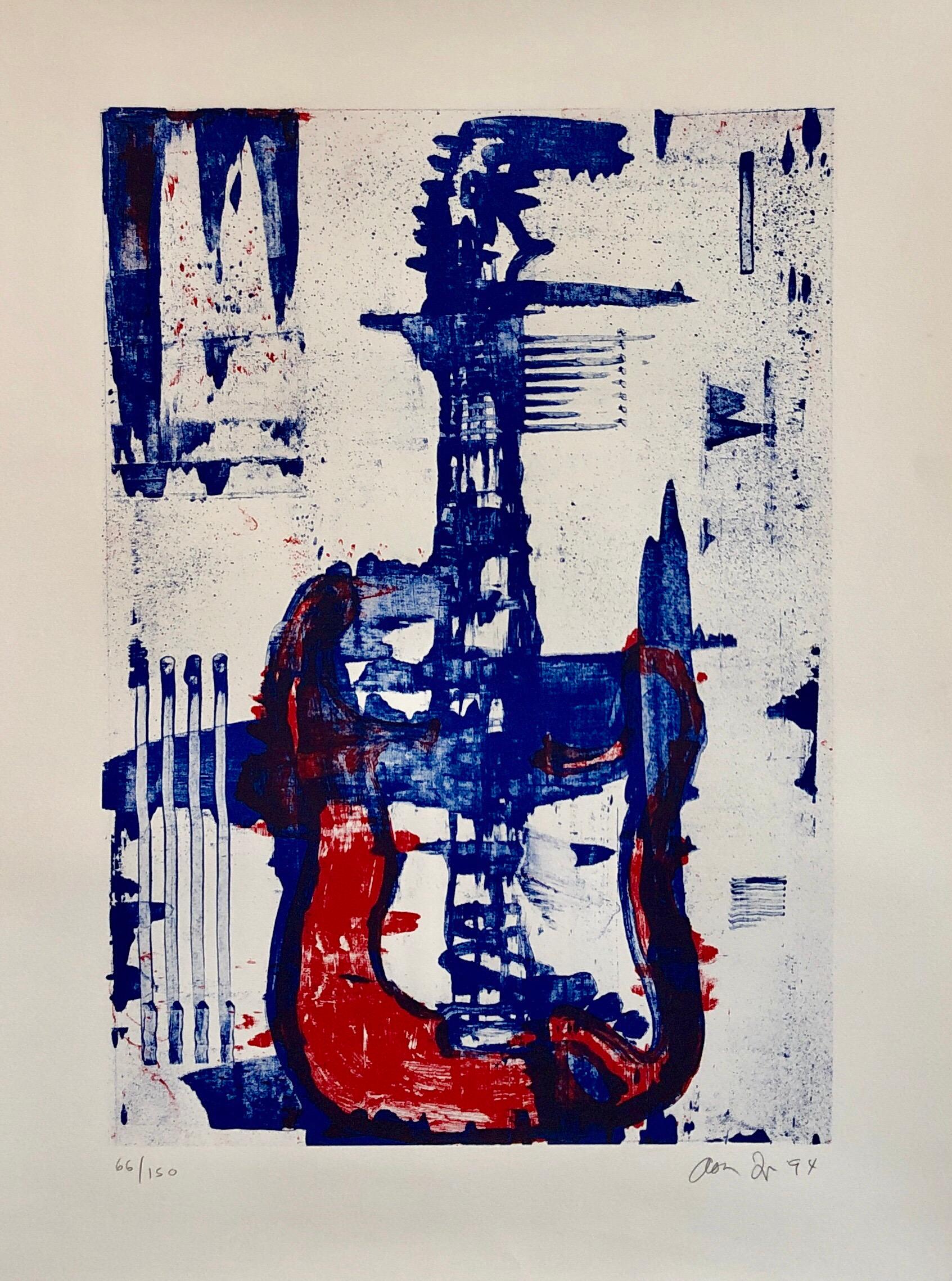 Modernist Lithograph Red, White, Denim Blue Guitar Aaron Fink Pop Art Americana  For Sale 2